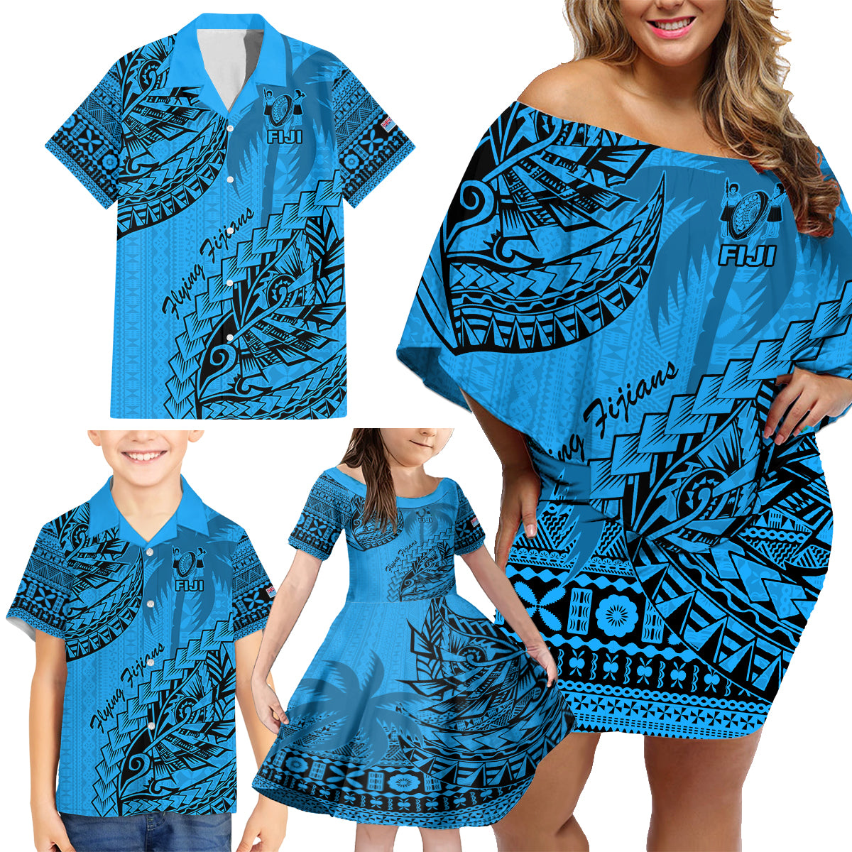 Custom Fiji Rugby Family Matching Off Shoulder Short Dress and Hawaiian Shirt Kaiviti Fijian Tribal World Cup Blue No1 LT9 - Wonder Print Shop