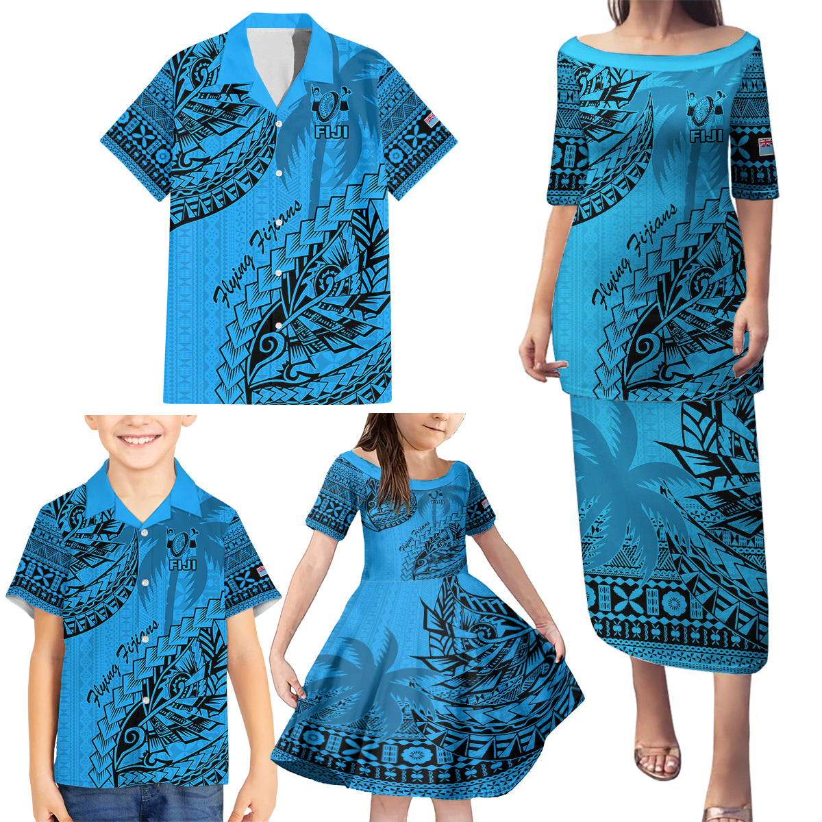 Custom Fiji Rugby Family Matching Puletasi Dress and Hawaiian Shirt Kaiviti Fijian Tribal World Cup Blue No1 - Wonder Print Shop