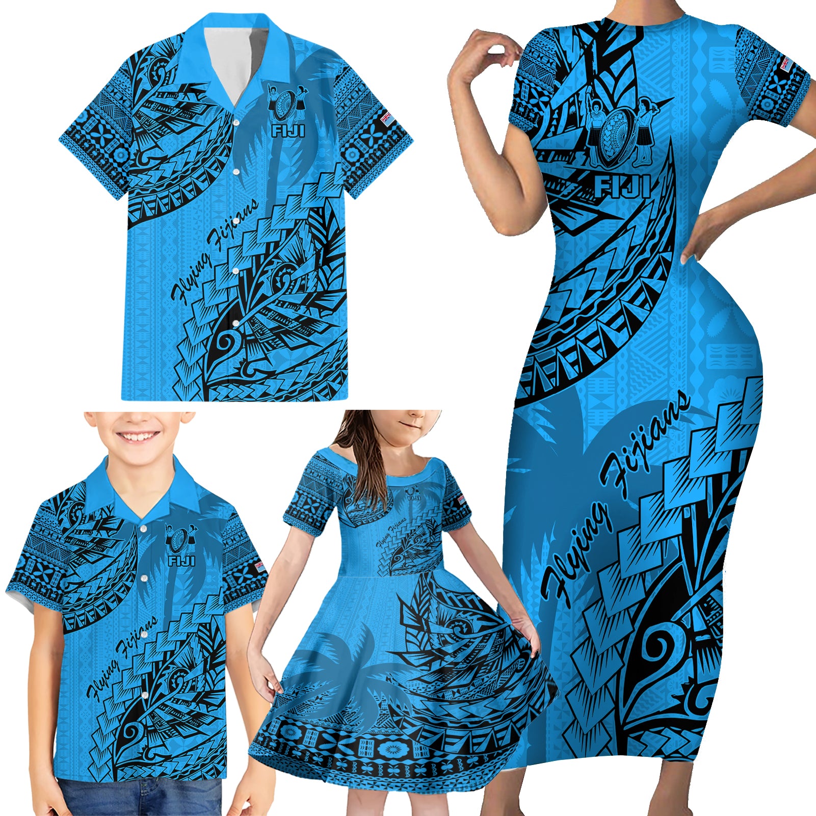 Custom Fiji Rugby Family Matching Short Sleeve Bodycon Dress and Hawaiian Shirt Kaiviti Fijian Tribal World Cup Blue No1 - Wonder Print Shop