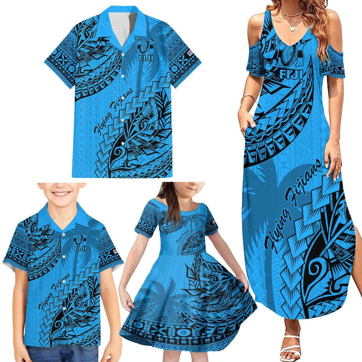 Custom Fiji Rugby Family Matching Summer Maxi Dress and Hawaiian Shirt Kaiviti Fijian Tribal World Cup Blue No1 - Wonder Print Shop