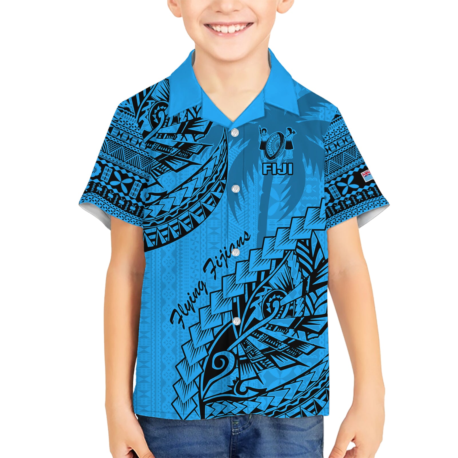 Custom Fiji Rugby Kid Hawaiian Shirt Kaiviti Fijian Tribal World Cup Blue No1 - Wonder Print Shop