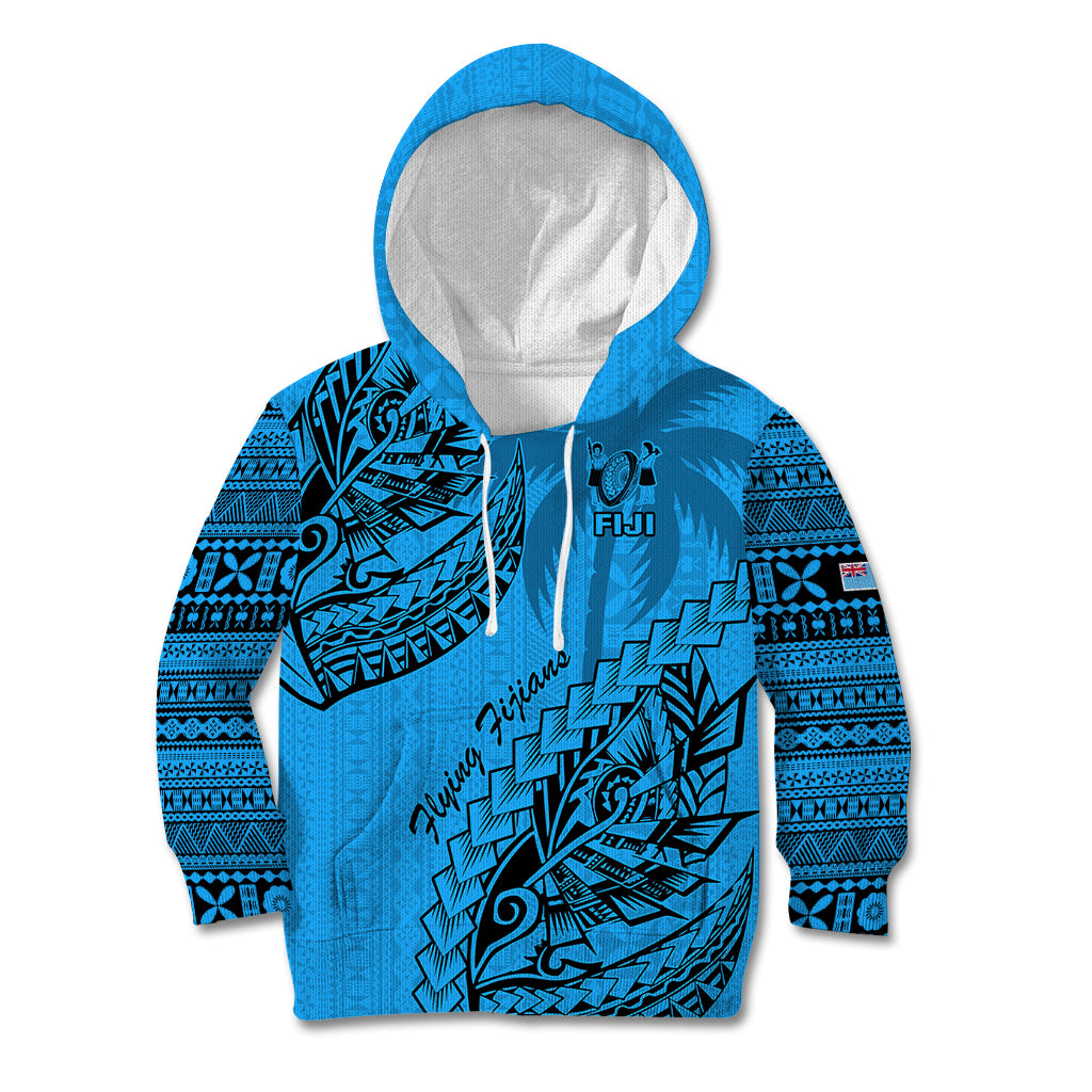 Custom Fiji Rugby Kid Hoodie Kaiviti Fijian Tribal World Cup Blue No1 - Wonder Print Shop