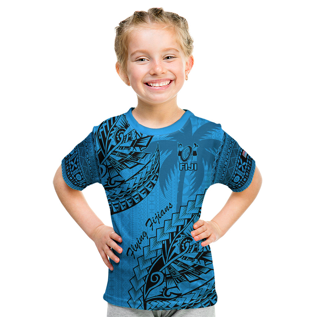 Custom Fiji Rugby Kid T Shirt Kaiviti Fijian Tribal World Cup Blue No1 - Wonder Print Shop