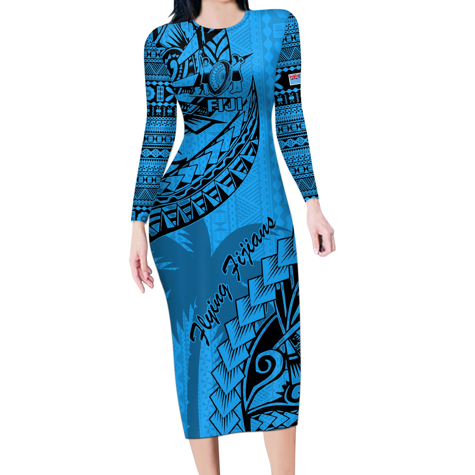 Custom Fiji Rugby Long Sleeve Bodycon Dress Kaiviti Fijian Tribal World Cup Blue No1 - Wonder Print Shop