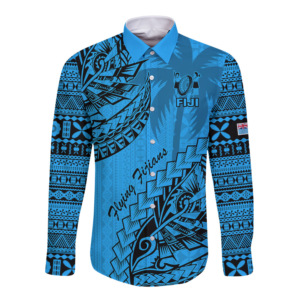 Custom Fiji Rugby Long Sleeve Button Shirt Kaiviti Fijian Tribal World Cup Blue No1 - Wonder Print Shop