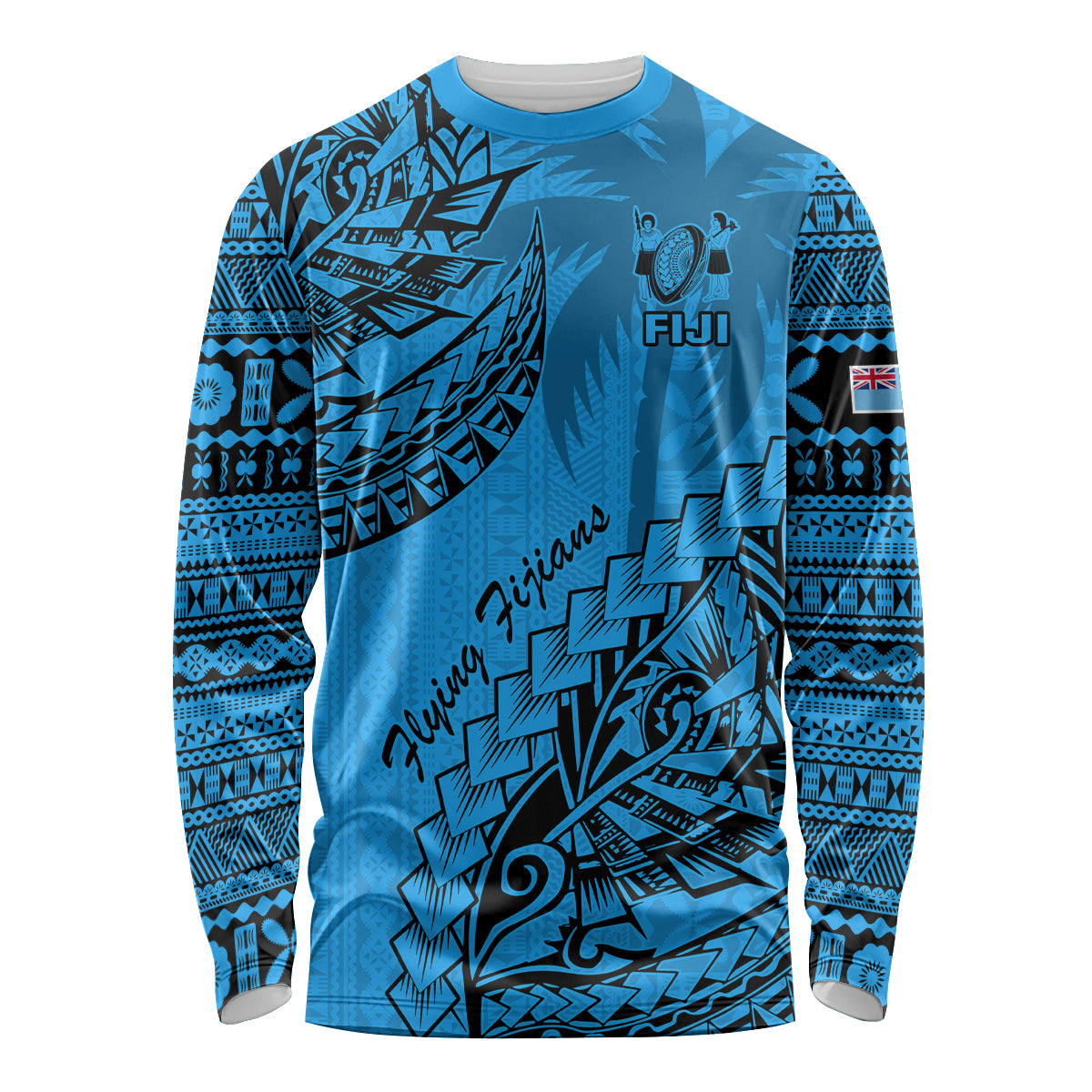 Custom Fiji Rugby Long Sleeve Shirt Kaiviti Fijian Tribal World Cup Blue No1 - Wonder Print Shop