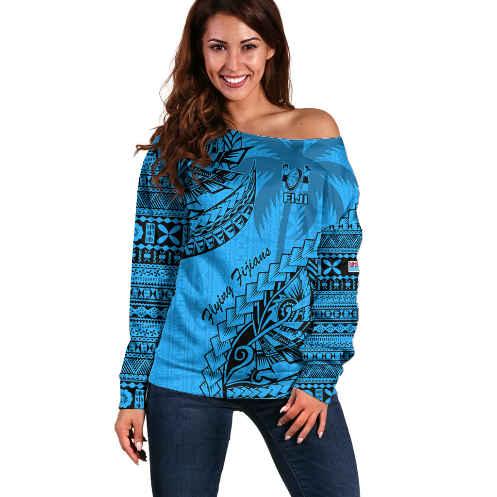 Custom Fiji Rugby Off Shoulder Sweater Kaiviti Fijian Tribal World Cup Blue No1 - Wonder Print Shop