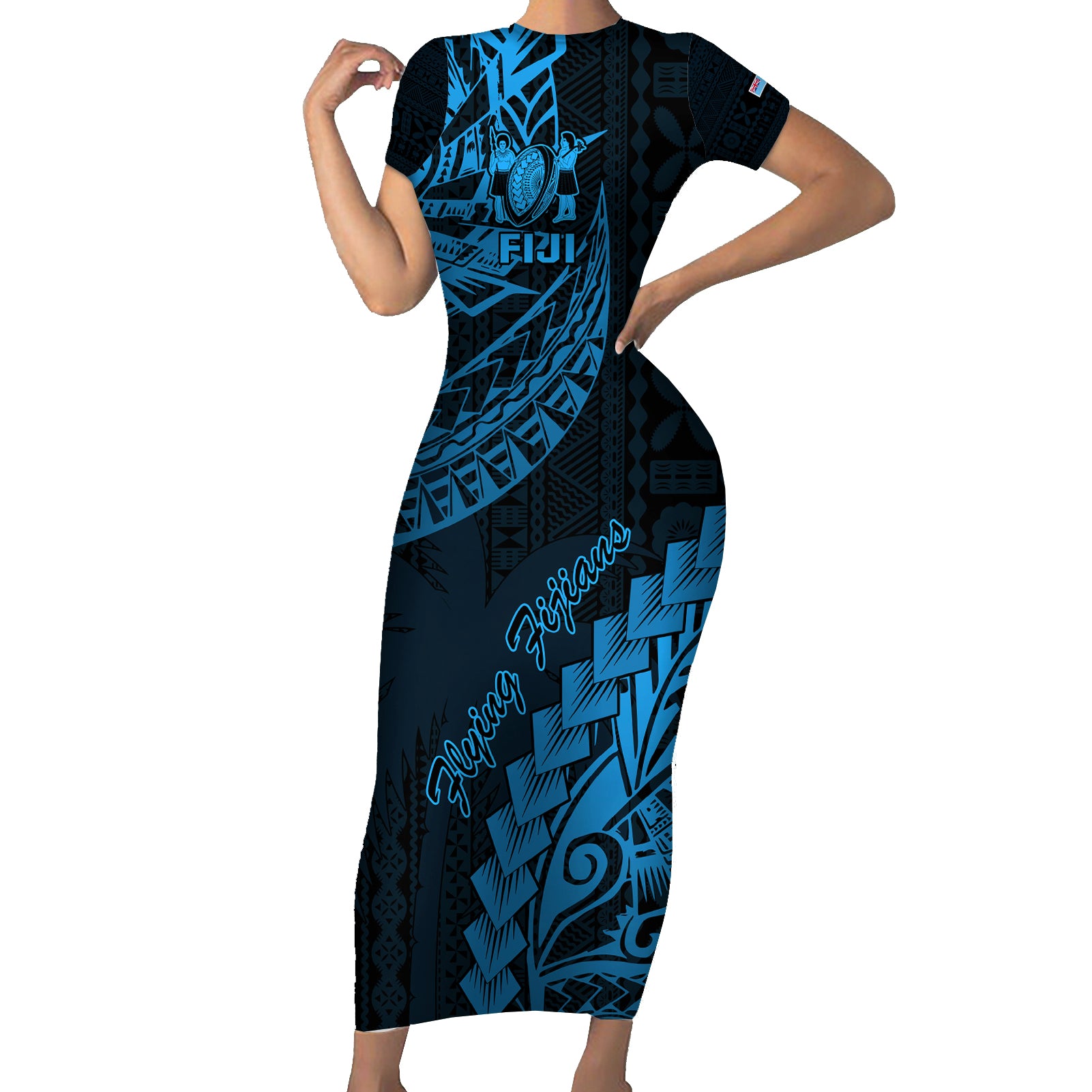 Fiji Rugby Short Sleeve Bodycon Dress Kaiviti Fijian Tribal World Cup Blue No2 - Wonder Print Shop