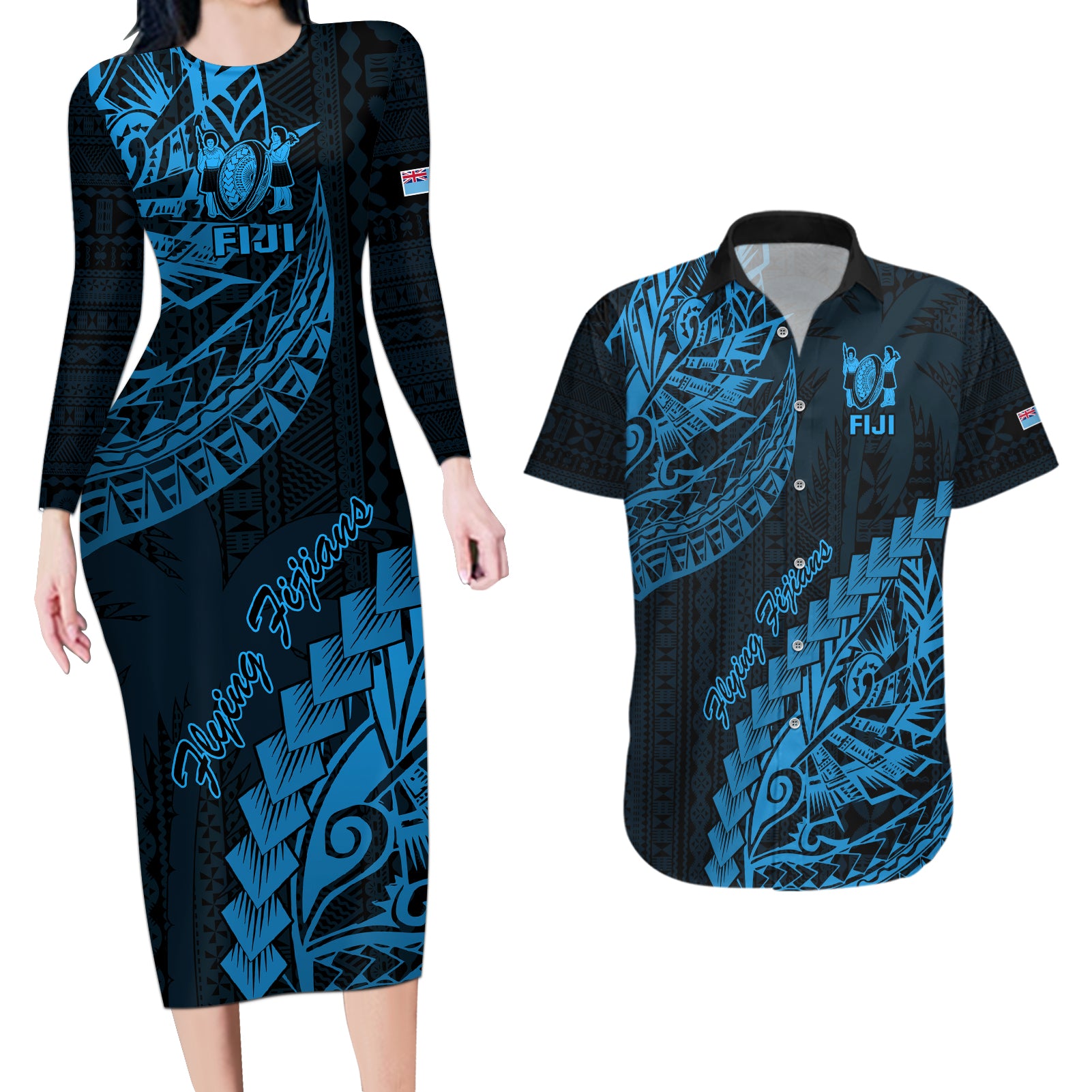 Custom Fiji Rugby Couples Matching Long Sleeve Bodycon Dress and Hawaiian Shirt Kaiviti Fijian Tribal World Cup Blue No2 LT9 - Wonder Print Shop