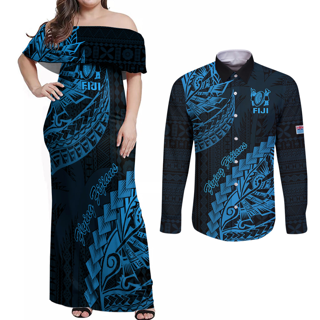 Custom Fiji Rugby Couples Matching Off Shoulder Maxi Dress and Long Sleeve Button Shirt Kaiviti Fijian Tribal World Cup Blue No2 LT9 - Wonder Print Shop