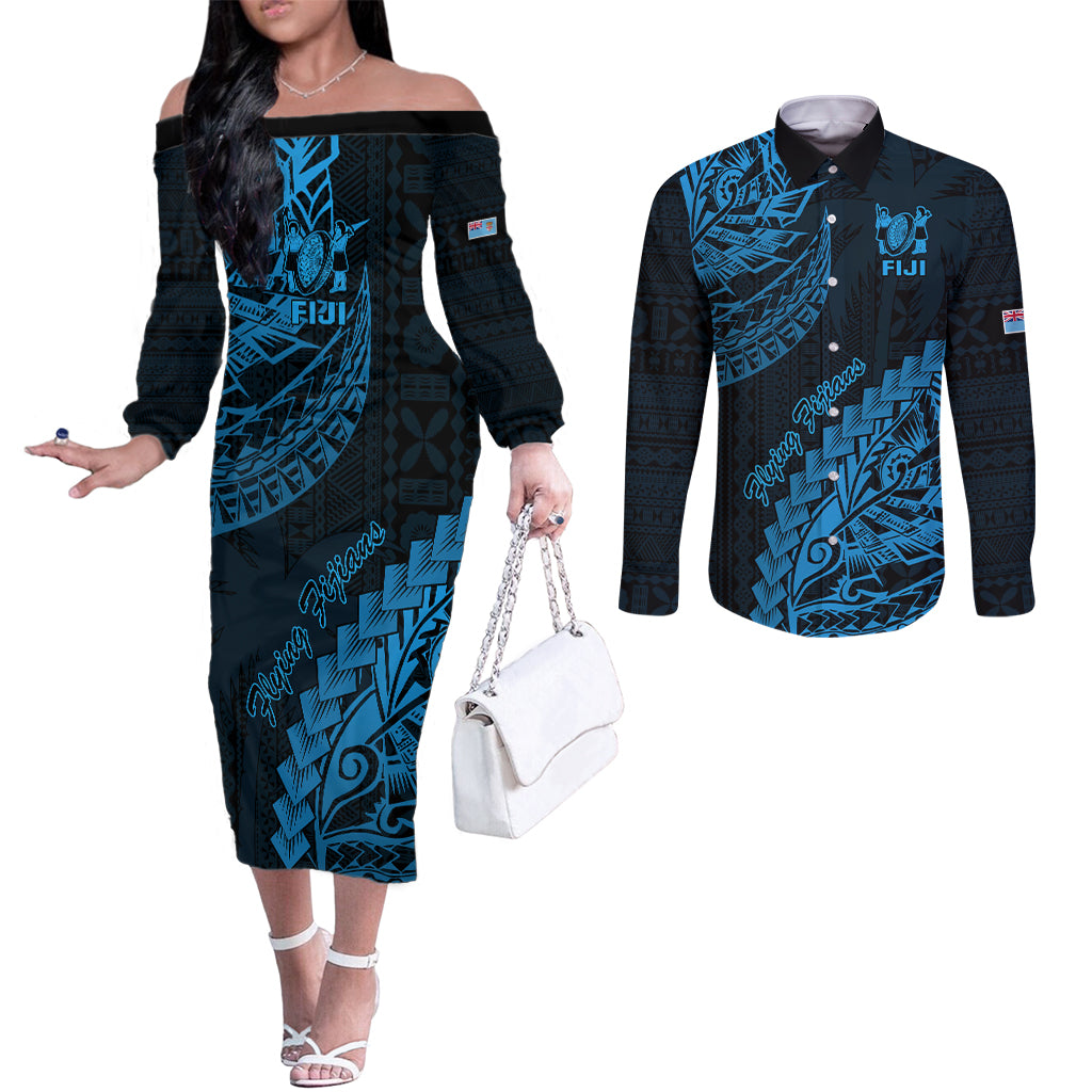 custom-fiji-rugby-couples-matching-off-the-shoulder-long-sleeve-dress-and-long-sleeve-button-shirt-kaiviti-fijian-tribal-world-cup-blue-no2