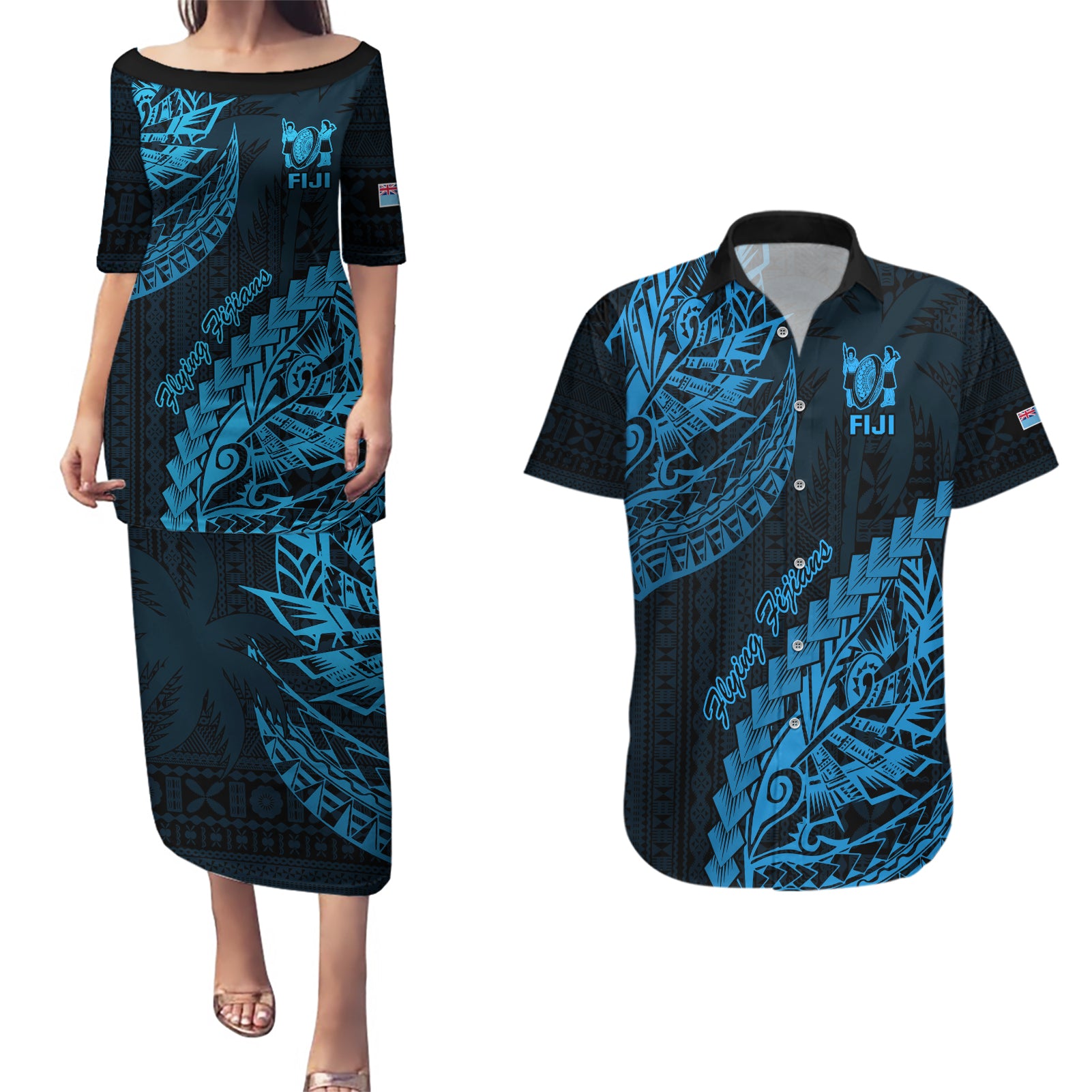 Custom Fiji Rugby Couples Matching Puletasi Dress and Hawaiian Shirt Kaiviti Fijian Tribal World Cup Blue No2 LT9 - Wonder Print Shop