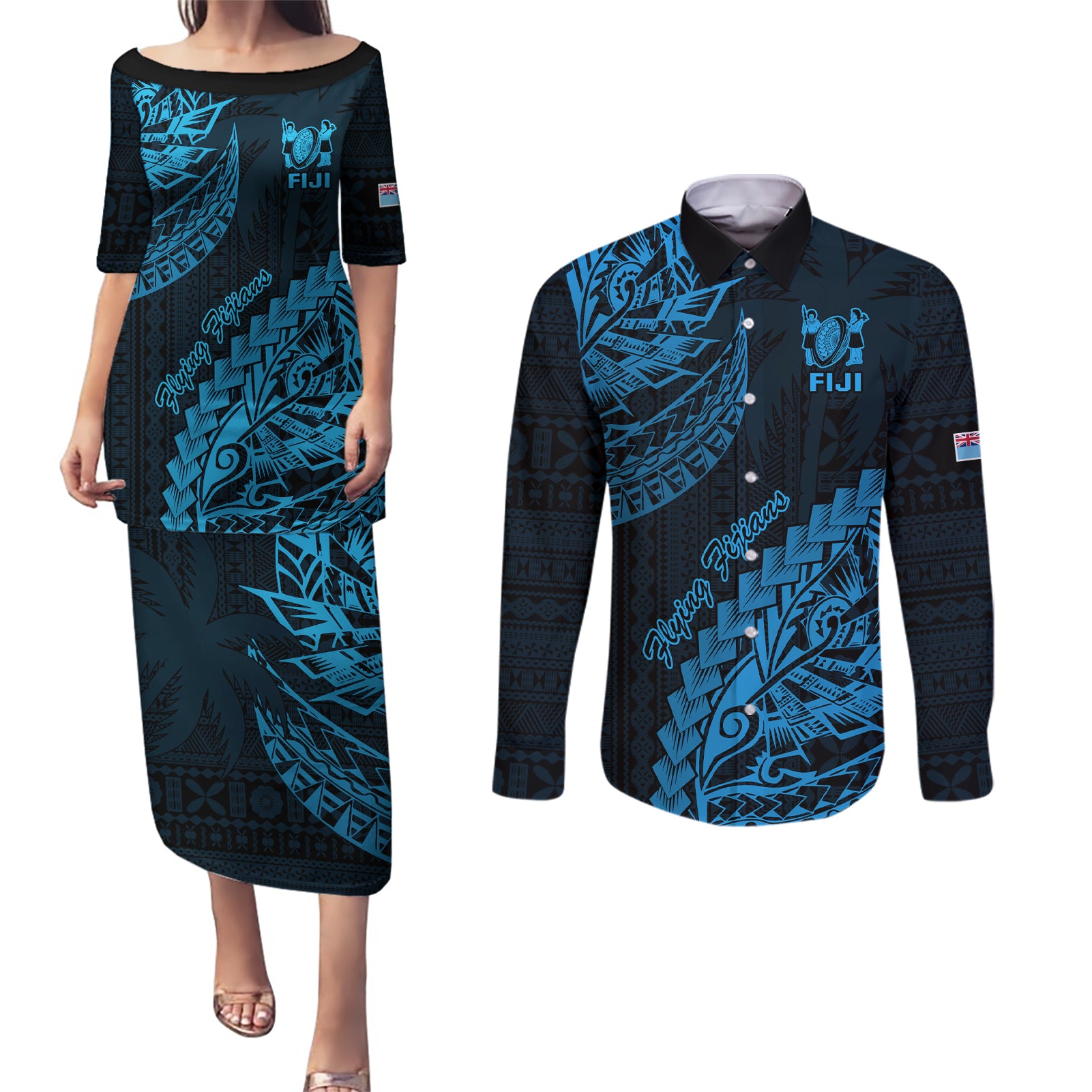 Custom Fiji Rugby Couples Matching Puletasi Dress and Long Sleeve Button Shirt Kaiviti Fijian Tribal World Cup Blue No2 LT9 - Wonder Print Shop