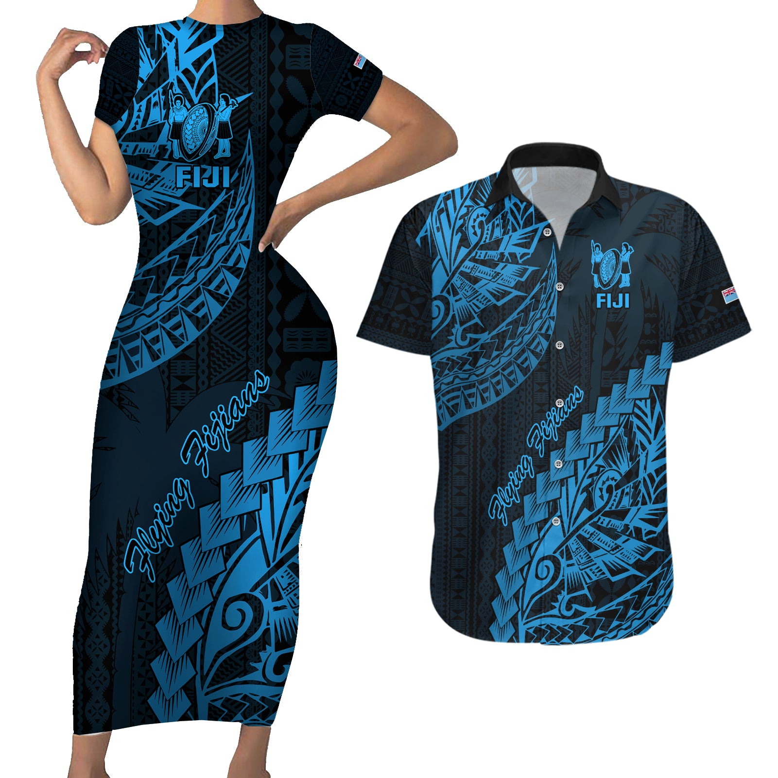 Custom Fiji Rugby Couples Matching Short Sleeve Bodycon Dress and Hawaiian Shirt Kaiviti Fijian Tribal World Cup Blue No2 LT9 - Wonder Print Shop