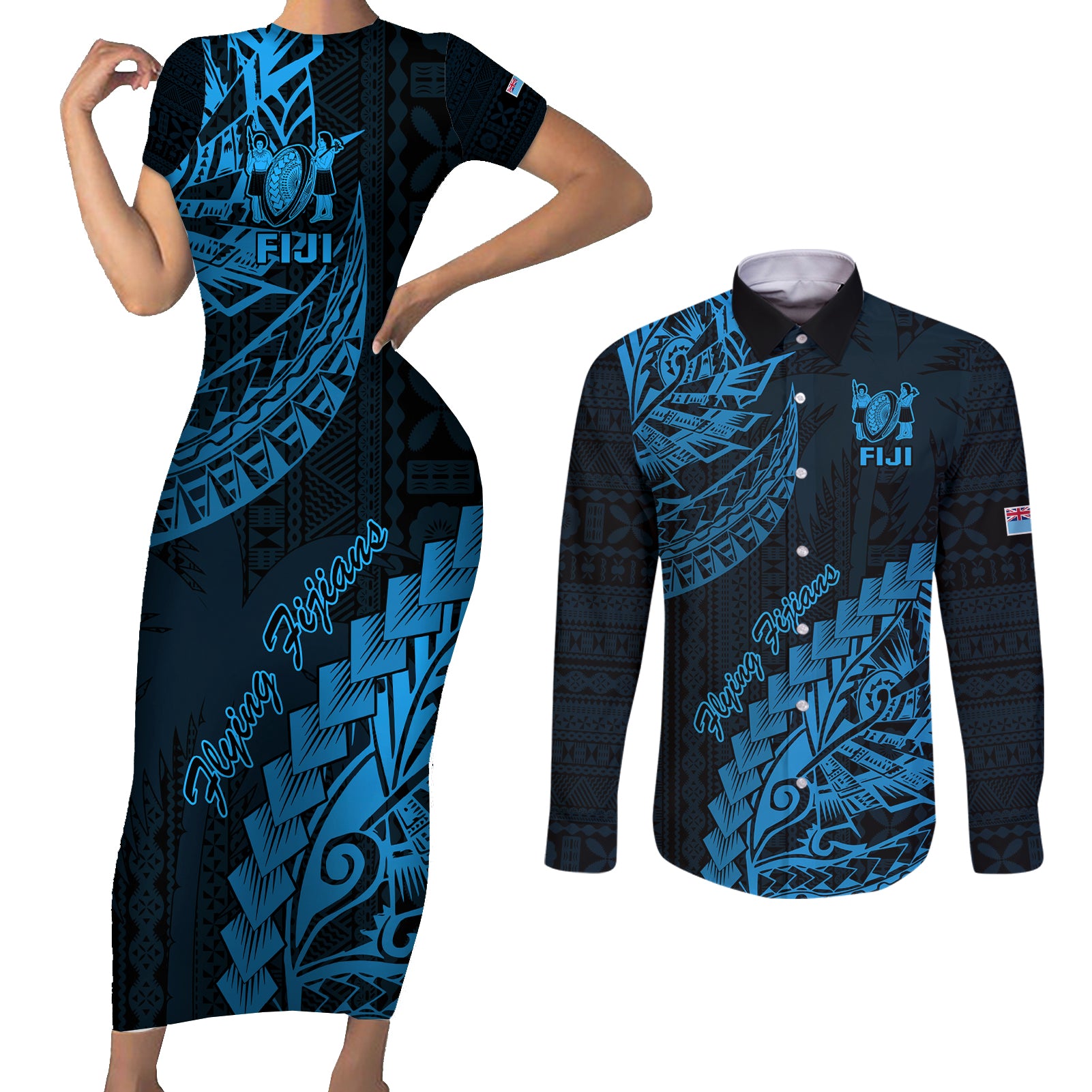 Custom Fiji Rugby Couples Matching Short Sleeve Bodycon Dress and Long Sleeve Button Shirt Kaiviti Fijian Tribal World Cup Blue No2 LT9 - Wonder Print Shop