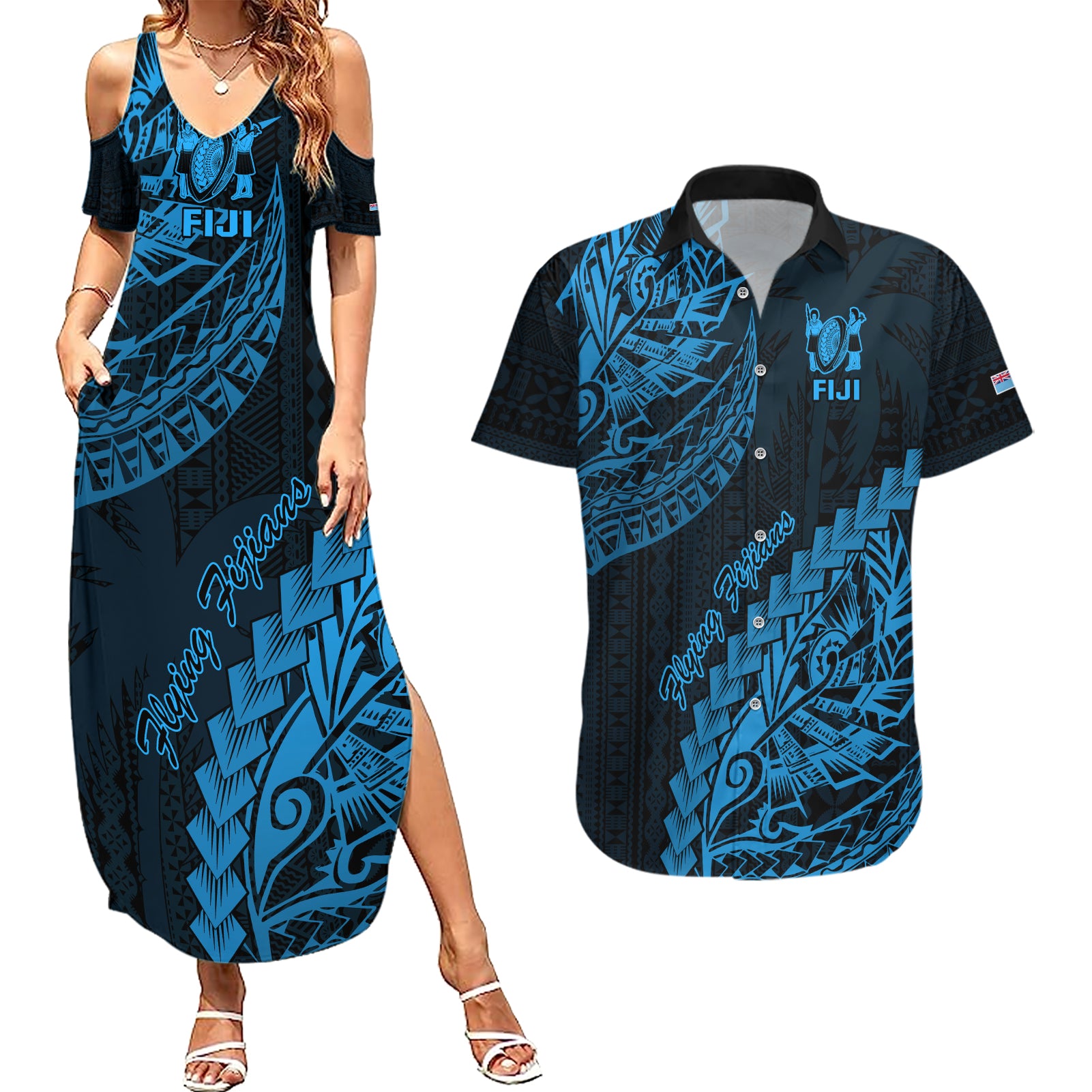 Custom Fiji Rugby Couples Matching Summer Maxi Dress and Hawaiian Shirt Kaiviti Fijian Tribal World Cup Blue No2 LT9 - Wonder Print Shop