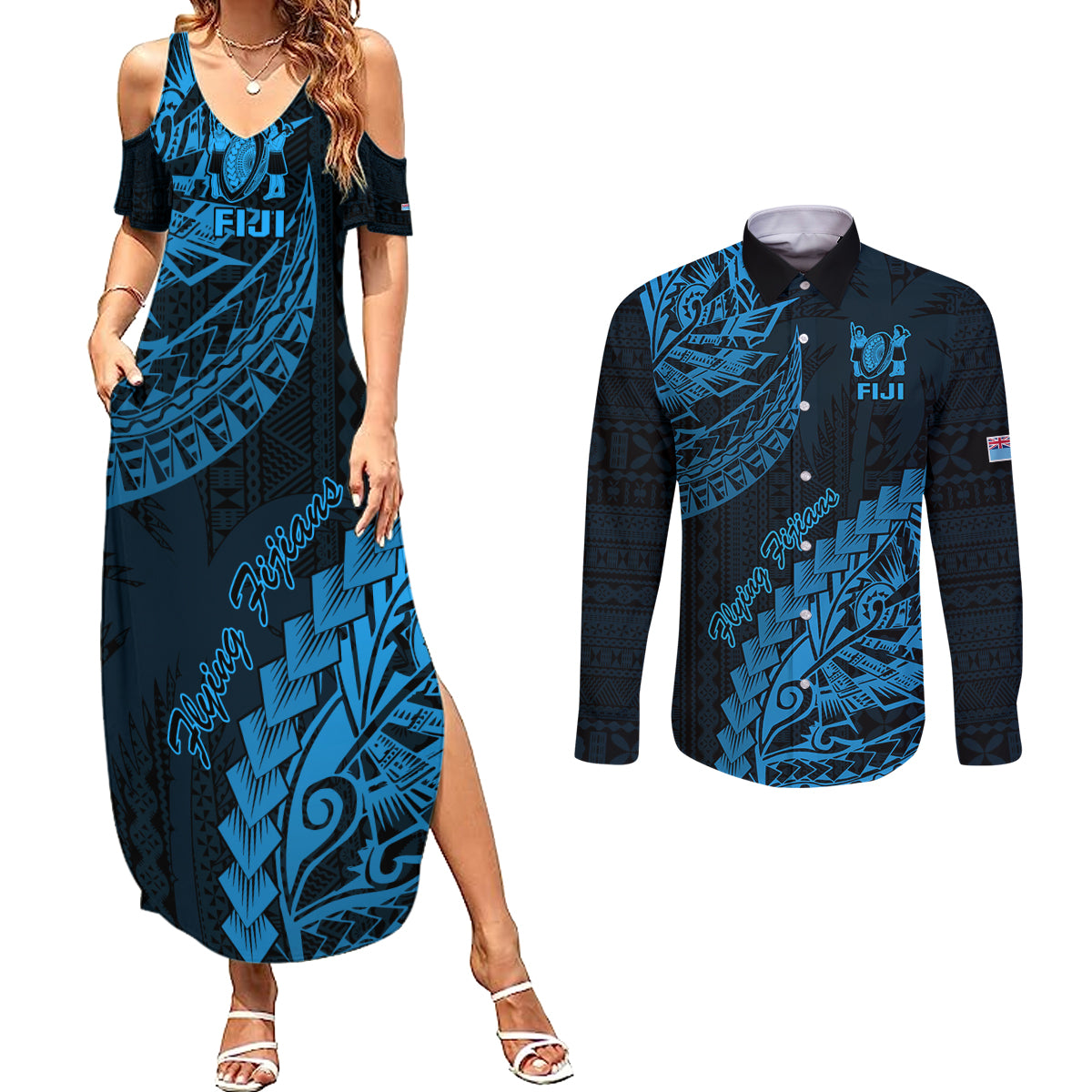 Custom Fiji Rugby Couples Matching Summer Maxi Dress and Long Sleeve Button Shirt Kaiviti Fijian Tribal World Cup Blue No2 LT9 - Wonder Print Shop