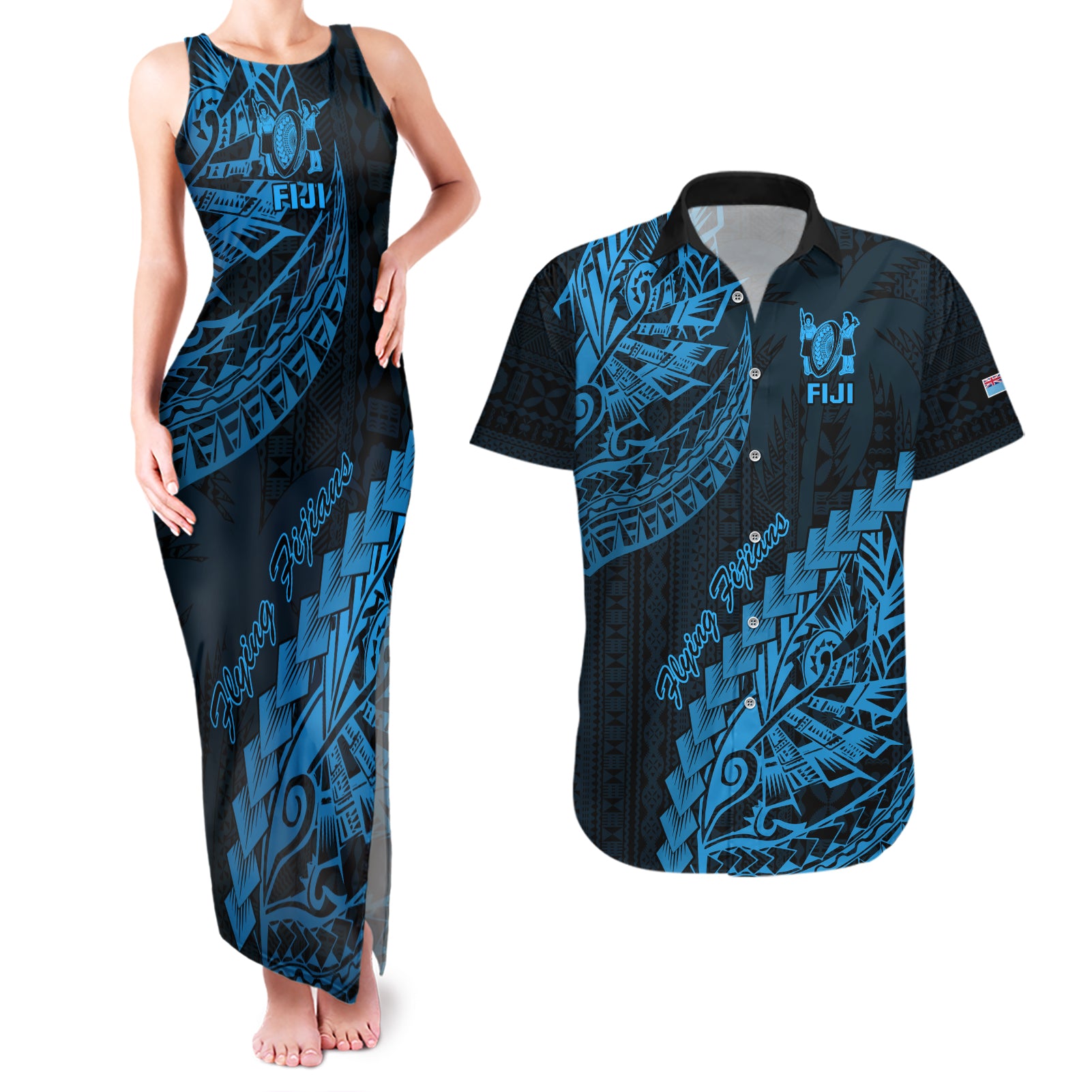 Custom Fiji Rugby Couples Matching Tank Maxi Dress and Hawaiian Shirt Kaiviti Fijian Tribal World Cup Blue No2 LT9 - Wonder Print Shop