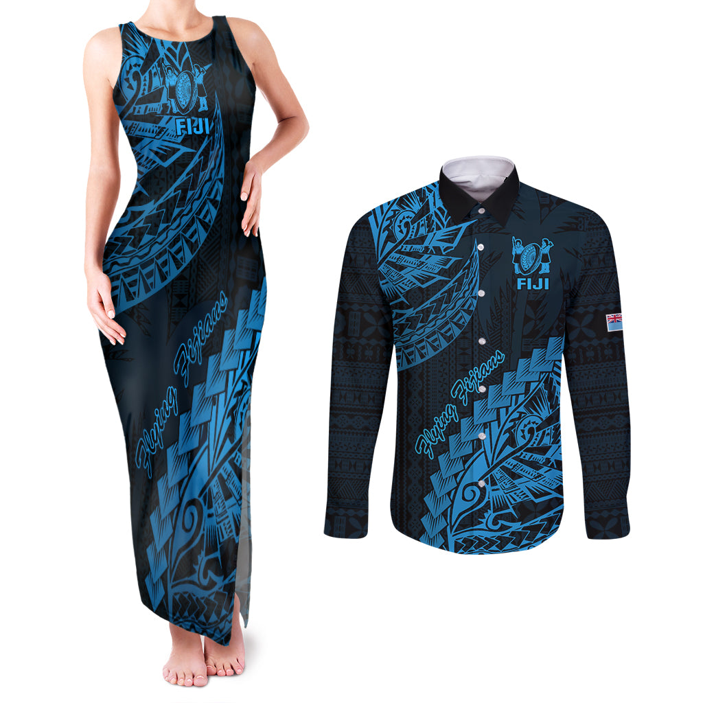 Custom Fiji Rugby Couples Matching Tank Maxi Dress and Long Sleeve Button Shirt Kaiviti Fijian Tribal World Cup Blue No2 LT9 - Wonder Print Shop