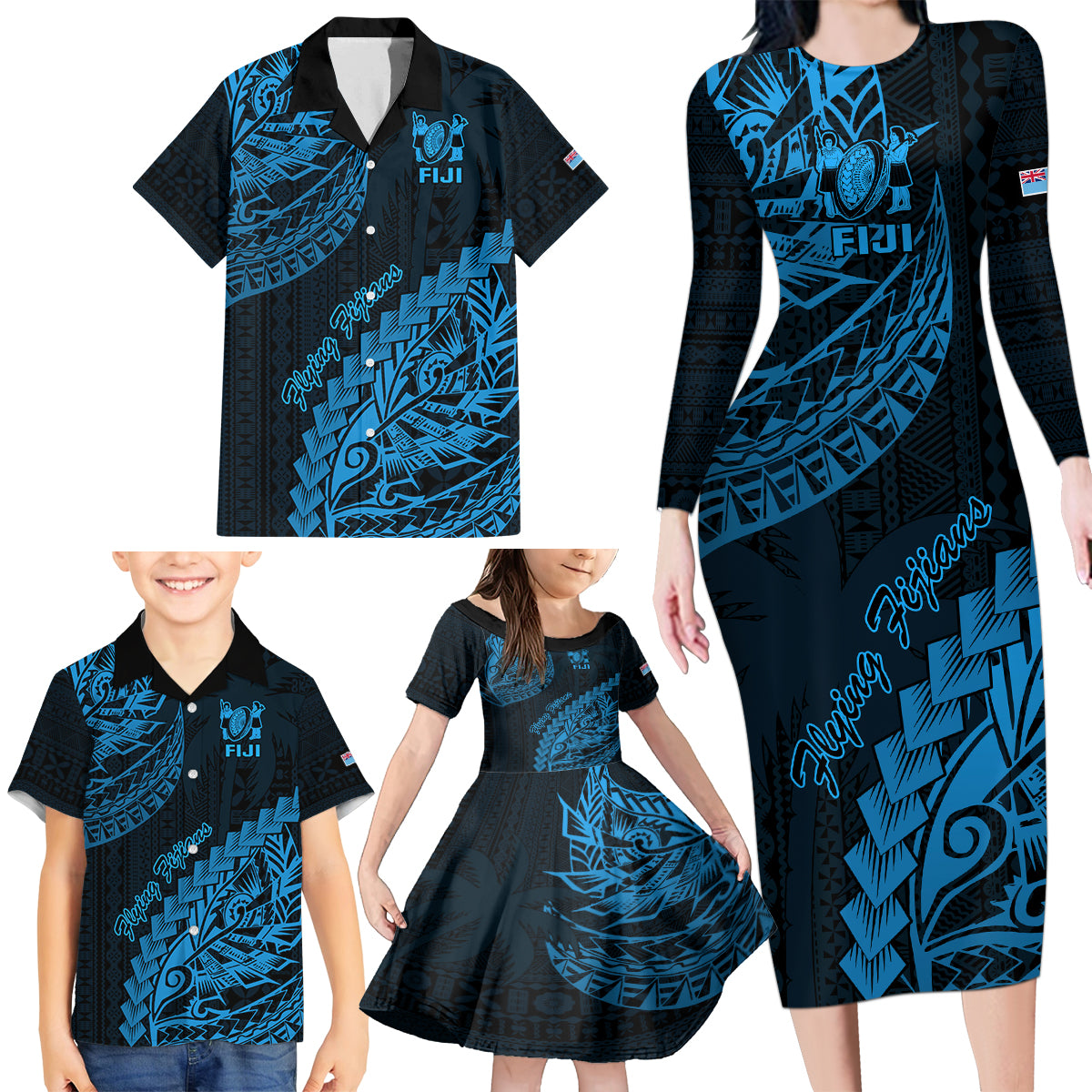 Custom Fiji Rugby Family Matching Long Sleeve Bodycon Dress and Hawaiian Shirt Kaiviti Fijian Tribal World Cup Blue No2 LT9 - Wonder Print Shop