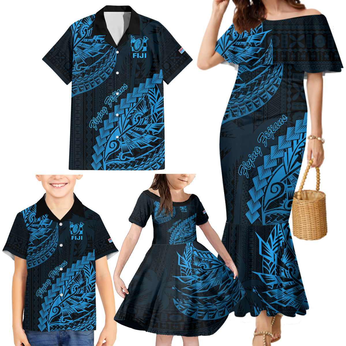 Custom Fiji Rugby Family Matching Mermaid Dress and Hawaiian Shirt Kaiviti Fijian Tribal World Cup Blue No2 LT9 - Wonder Print Shop