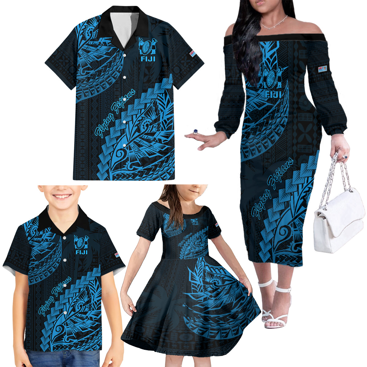 Custom Fiji Rugby Family Matching Off Shoulder Long Sleeve Dress and Hawaiian Shirt Kaiviti Fijian Tribal World Cup Blue No2 - Wonder Print Shop