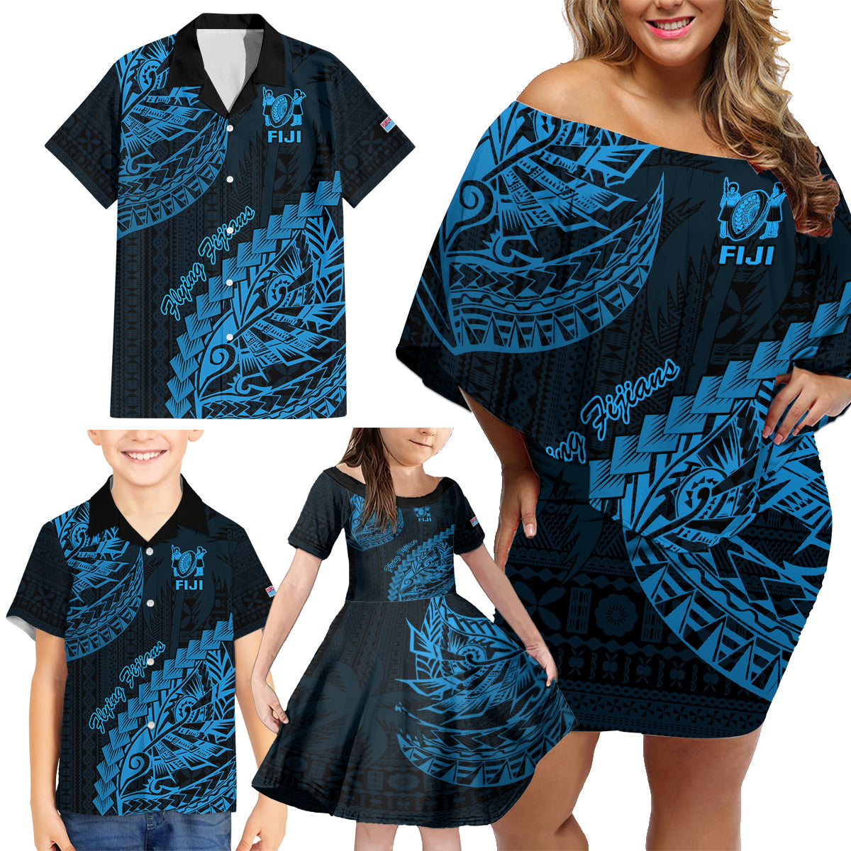 Custom Fiji Rugby Family Matching Off Shoulder Short Dress and Hawaiian Shirt Kaiviti Fijian Tribal World Cup Blue No2 LT9 - Wonder Print Shop