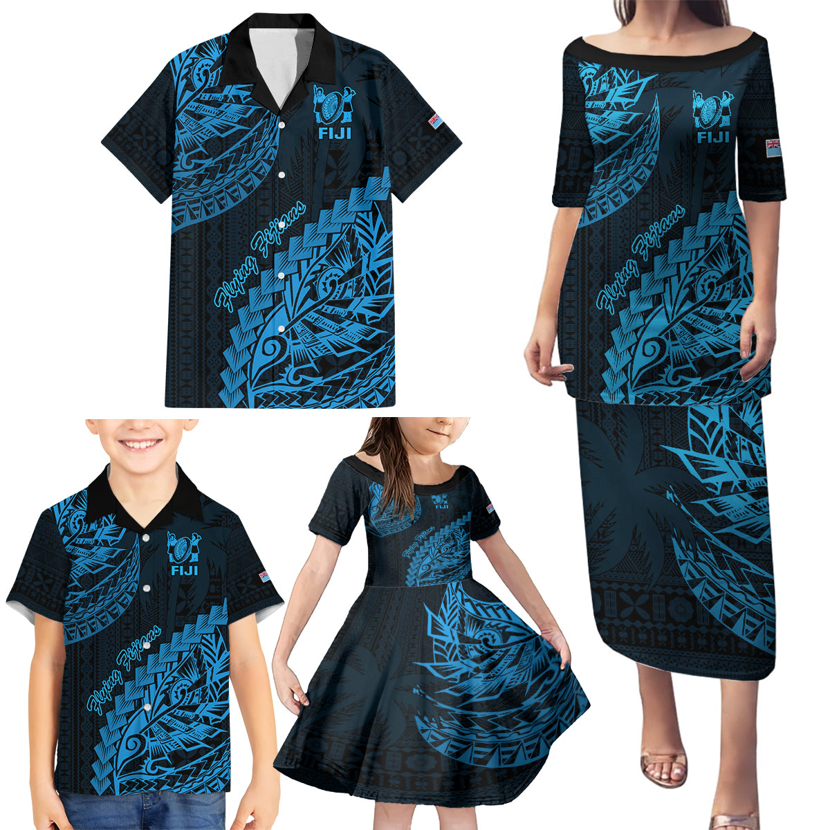 Custom Fiji Rugby Family Matching Puletasi Dress and Hawaiian Shirt Kaiviti Fijian Tribal World Cup Blue No2 - Wonder Print Shop