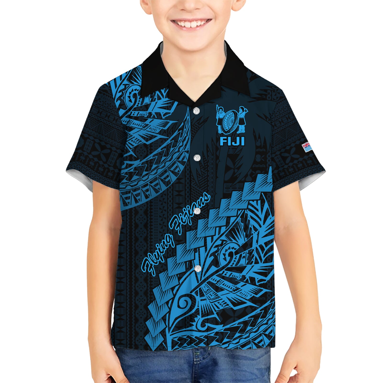 Custom Fiji Rugby Kid Hawaiian Shirt Kaiviti Fijian Tribal World Cup Blue No2 - Wonder Print Shop