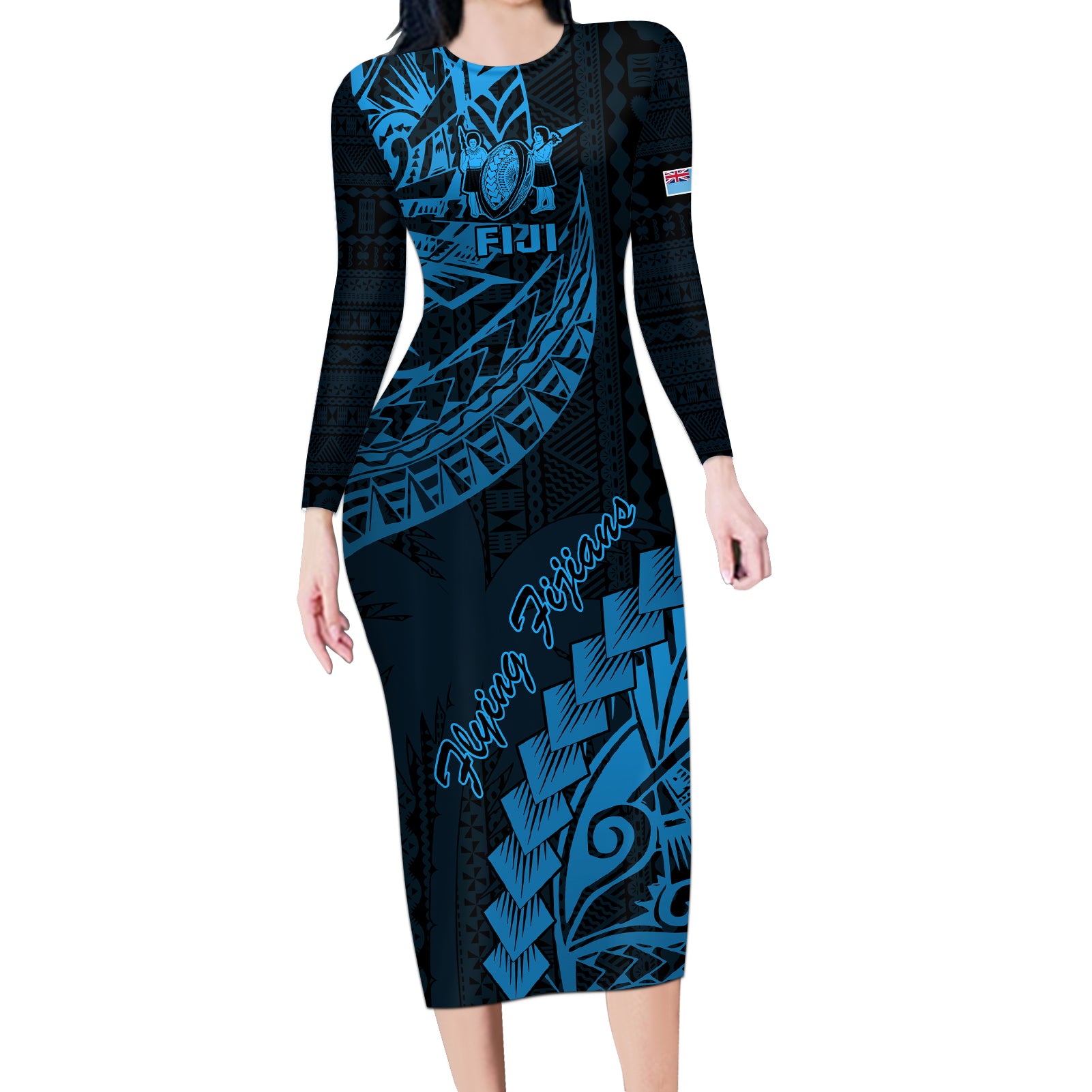 Custom Fiji Rugby Long Sleeve Bodycon Dress Kaiviti Fijian Tribal World Cup Blue No2 - Wonder Print Shop