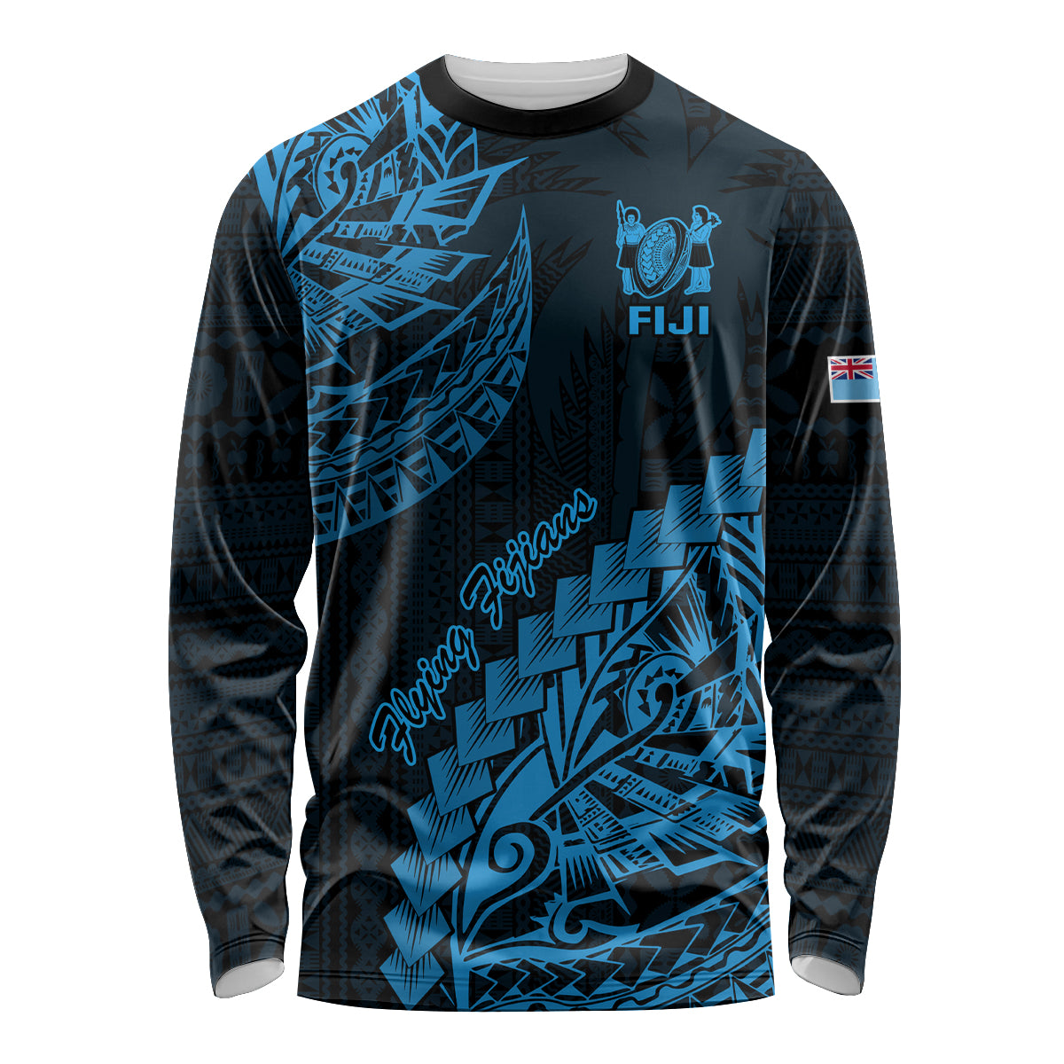 Custom Fiji Rugby Long Sleeve Shirt Kaiviti Fijian Tribal World Cup Blue No2 - Wonder Print Shop