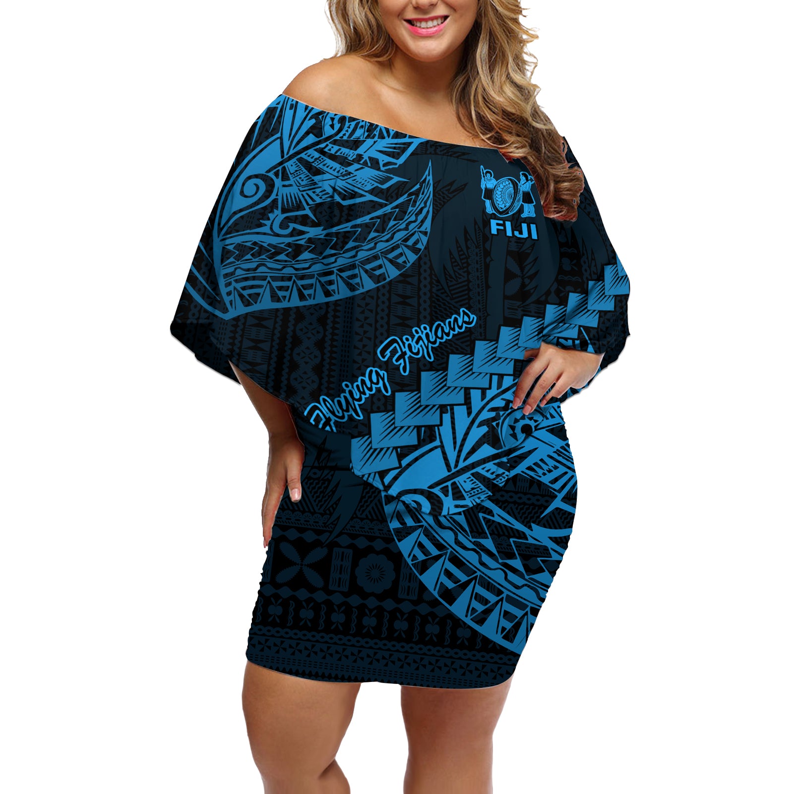 Custom Fiji Rugby Off Shoulder Short Dress Kaiviti Fijian Tribal World Cup Blue No2 - Wonder Print Shop