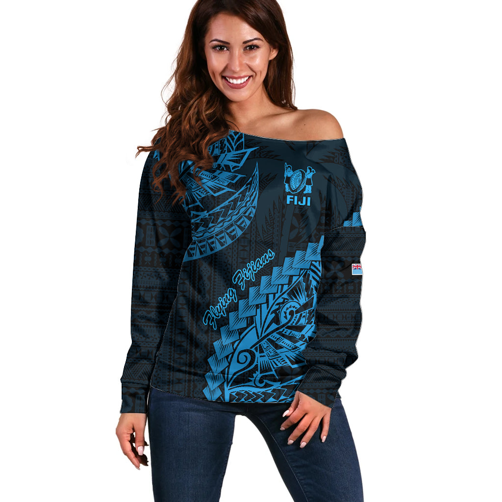 Custom Fiji Rugby Off Shoulder Sweater Kaiviti Fijian Tribal World Cup Blue No2 - Wonder Print Shop