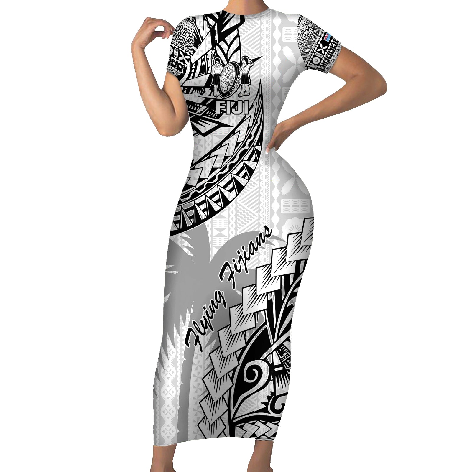 Fiji Rugby Short Sleeve Bodycon Dress Kaiviti Fijian Tribal World Cup White - Wonder Print Shop