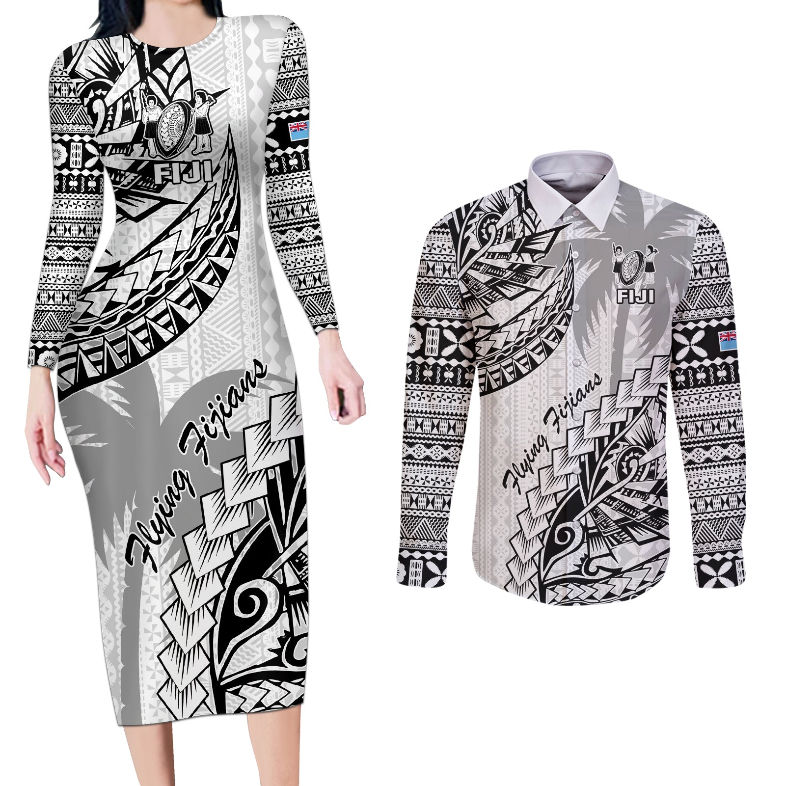 Custom Fiji Rugby Couples Matching Long Sleeve Bodycon Dress and Long Sleeve Button Shirt Kaiviti Fijian Tribal World Cup White LT9 - Wonder Print Shop