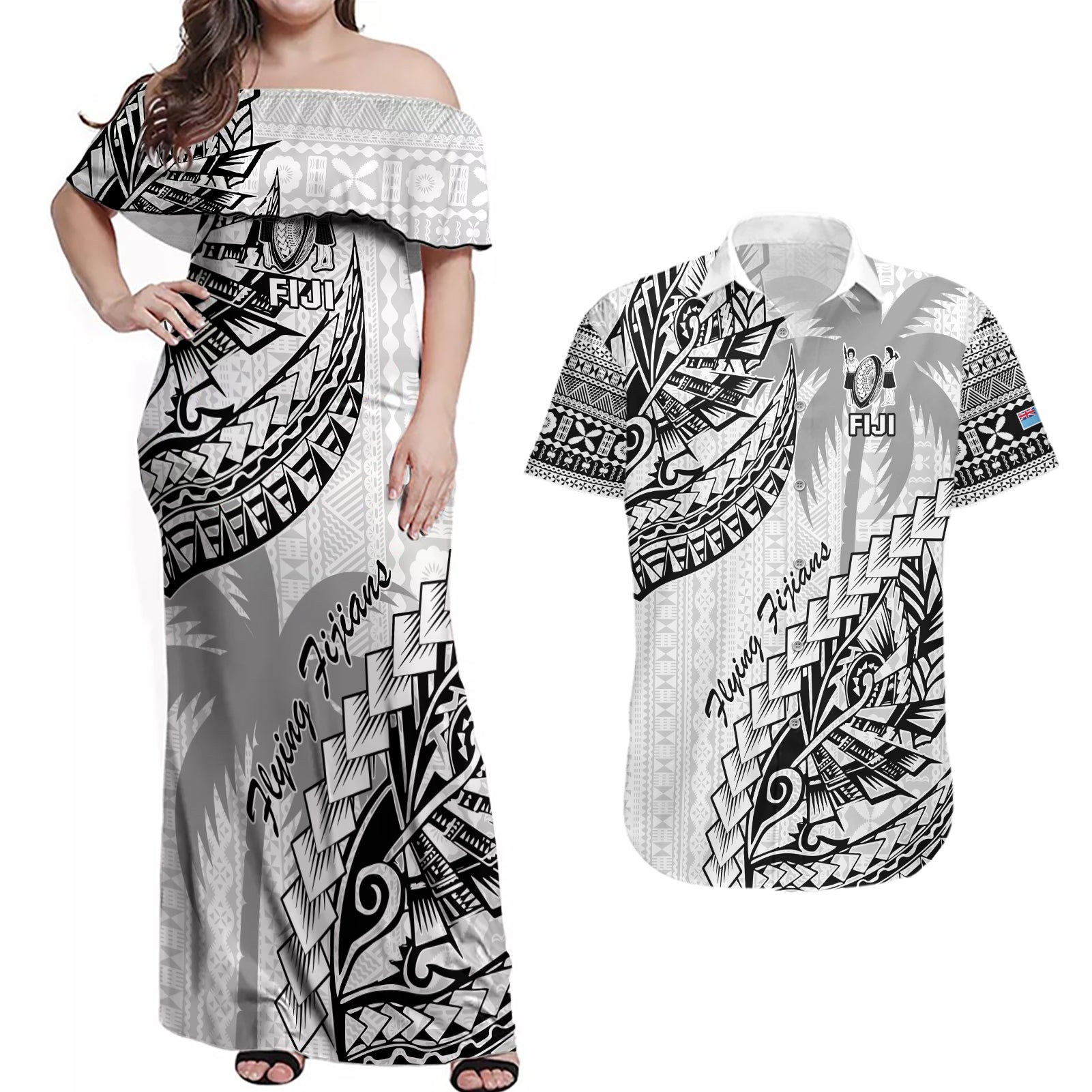 Custom Fiji Rugby Couples Matching Off Shoulder Maxi Dress and Hawaiian Shirt Kaiviti Fijian Tribal World Cup White LT9 - Wonder Print Shop