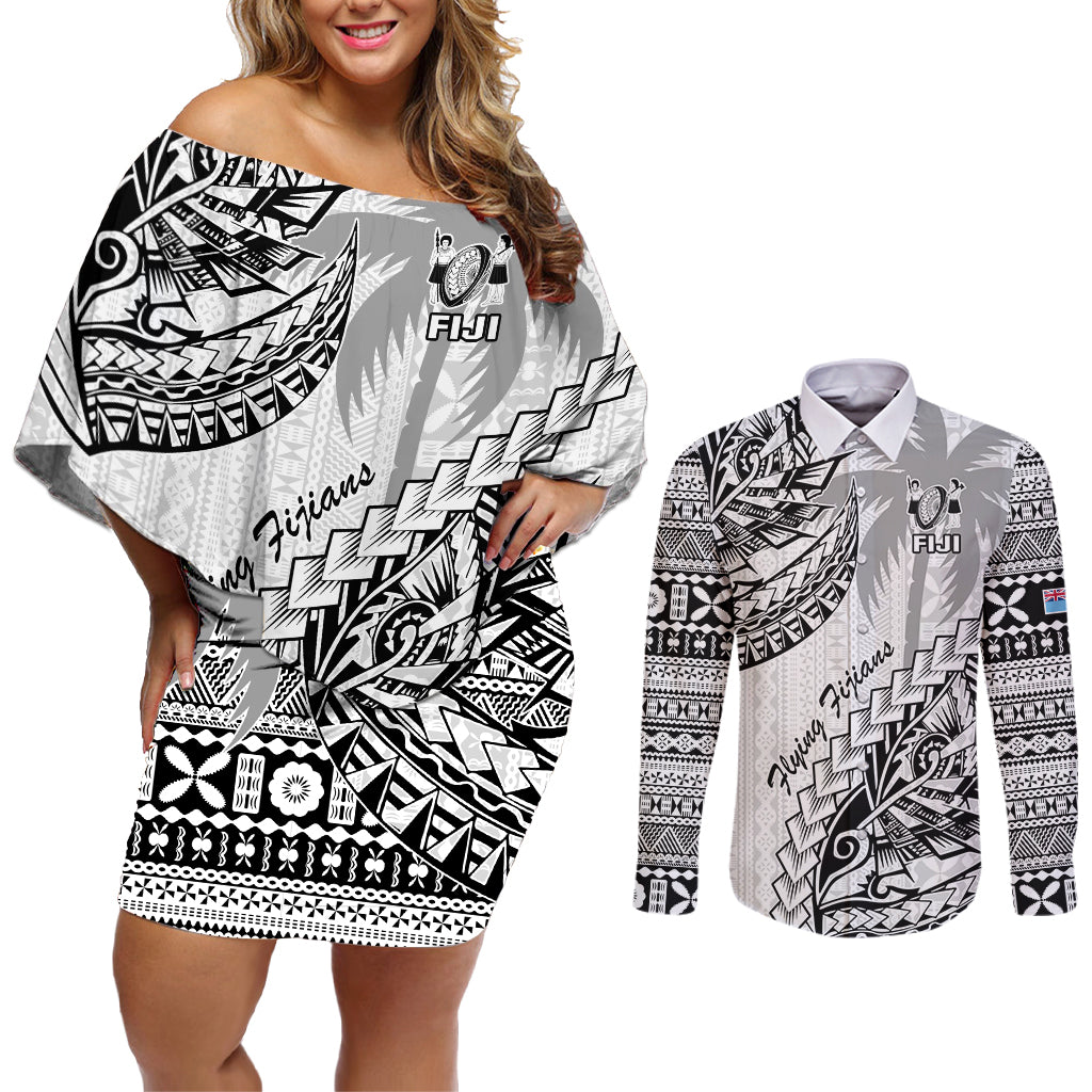 Custom Fiji Rugby Couples Matching Off Shoulder Short Dress and Long Sleeve Button Shirt Kaiviti Fijian Tribal World Cup White LT9 - Wonder Print Shop