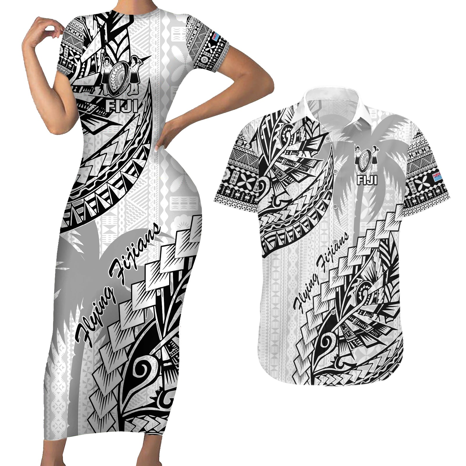 Custom Fiji Rugby Couples Matching Short Sleeve Bodycon Dress and Hawaiian Shirt Kaiviti Fijian Tribal World Cup White LT9 - Wonder Print Shop