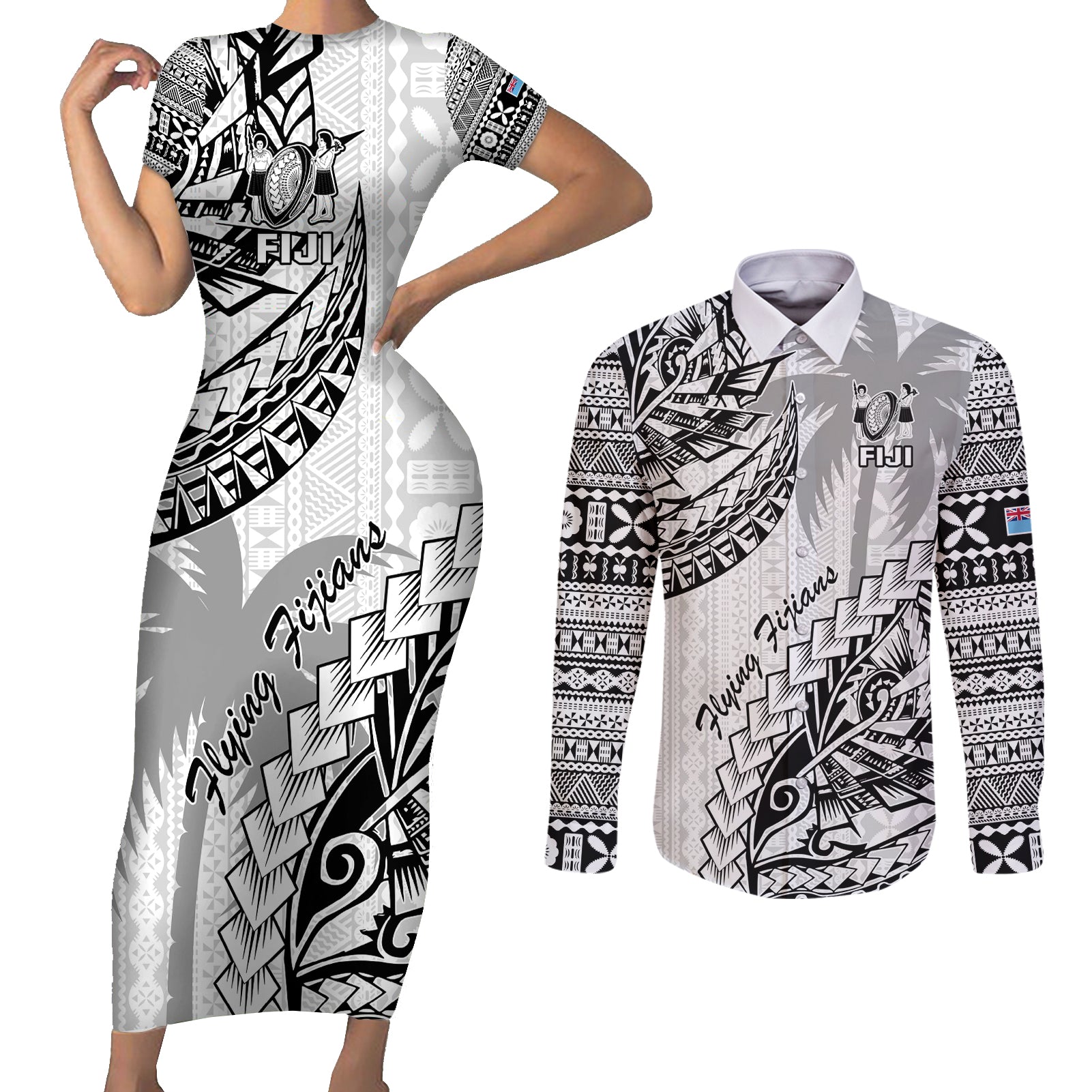 Custom Fiji Rugby Couples Matching Short Sleeve Bodycon Dress and Long Sleeve Button Shirt Kaiviti Fijian Tribal World Cup White LT9 - Wonder Print Shop