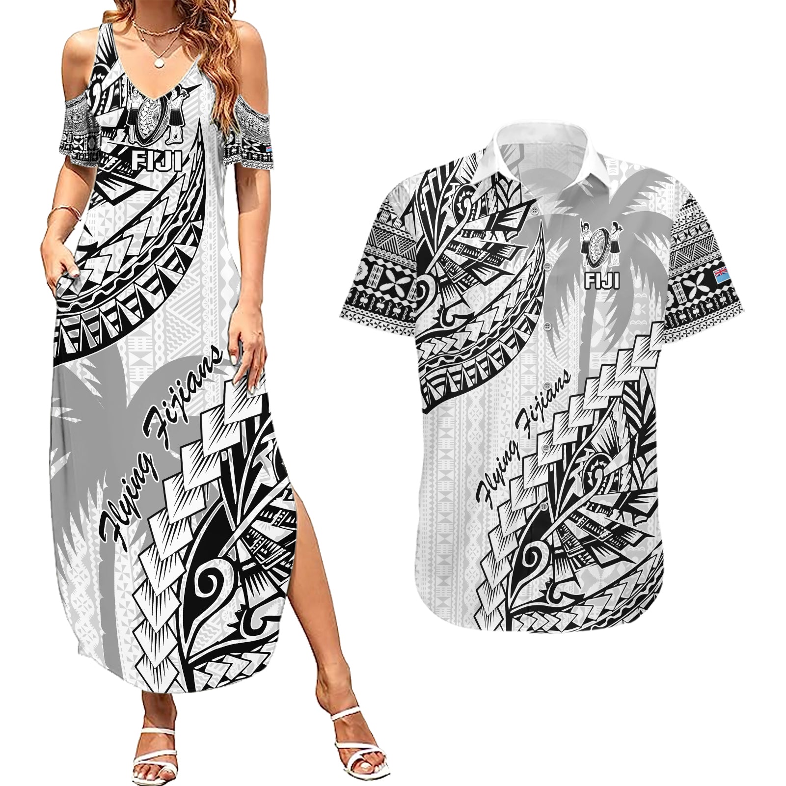 Custom Fiji Rugby Couples Matching Summer Maxi Dress and Hawaiian Shirt Kaiviti Fijian Tribal World Cup White LT9 - Wonder Print Shop