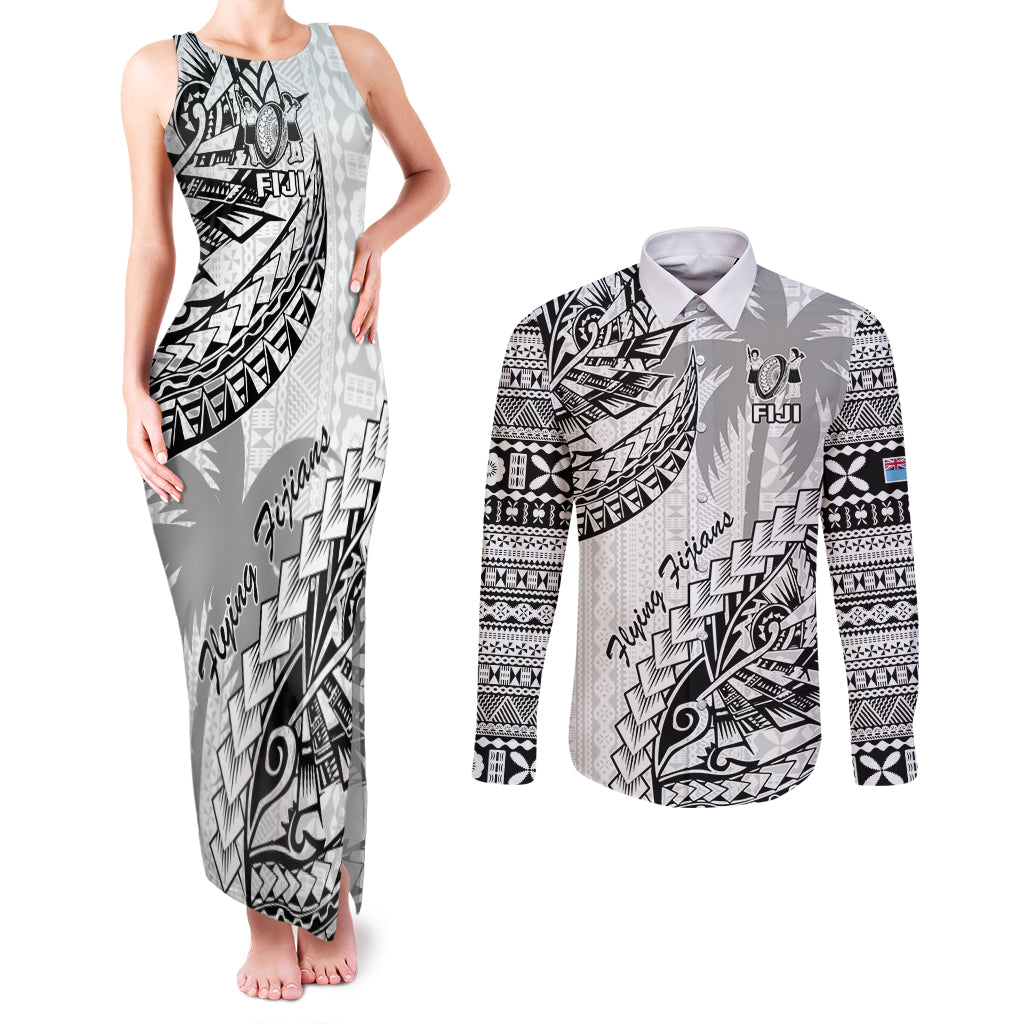 Custom Fiji Rugby Couples Matching Tank Maxi Dress and Long Sleeve Button Shirt Kaiviti Fijian Tribal World Cup White LT9 - Wonder Print Shop