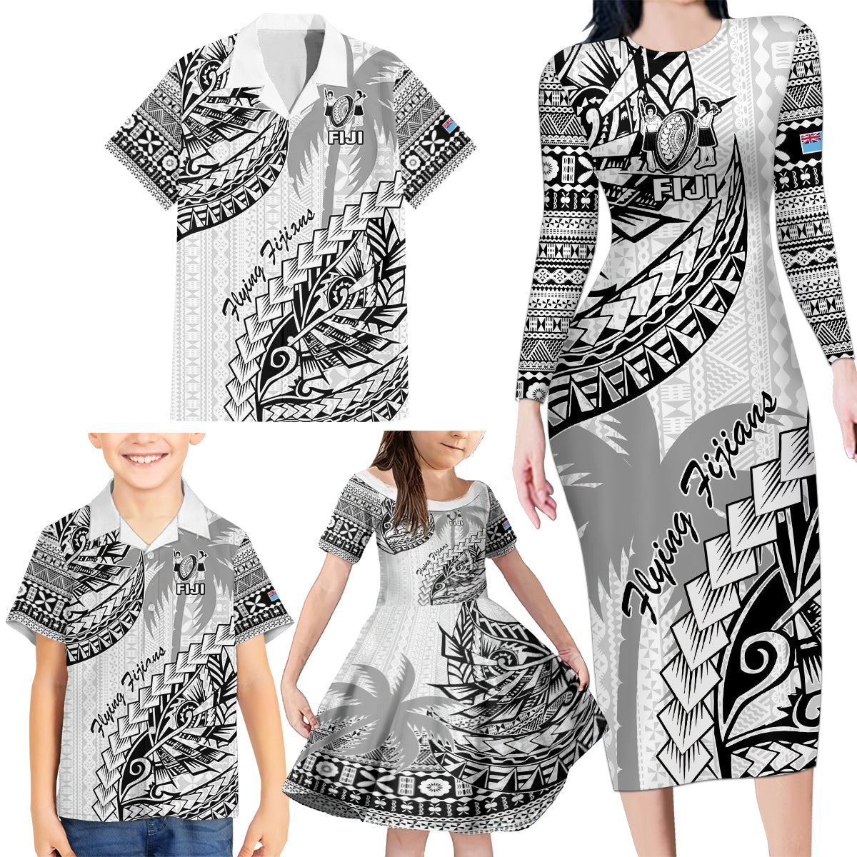 Custom Fiji Rugby Family Matching Long Sleeve Bodycon Dress and Hawaiian Shirt Kaiviti Fijian Tribal World Cup White LT9 - Wonder Print Shop