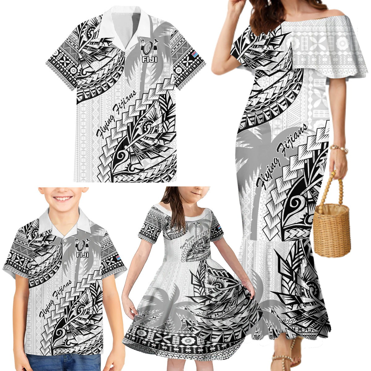 Custom Fiji Rugby Family Matching Mermaid Dress and Hawaiian Shirt Kaiviti Fijian Tribal World Cup White LT9 - Wonder Print Shop