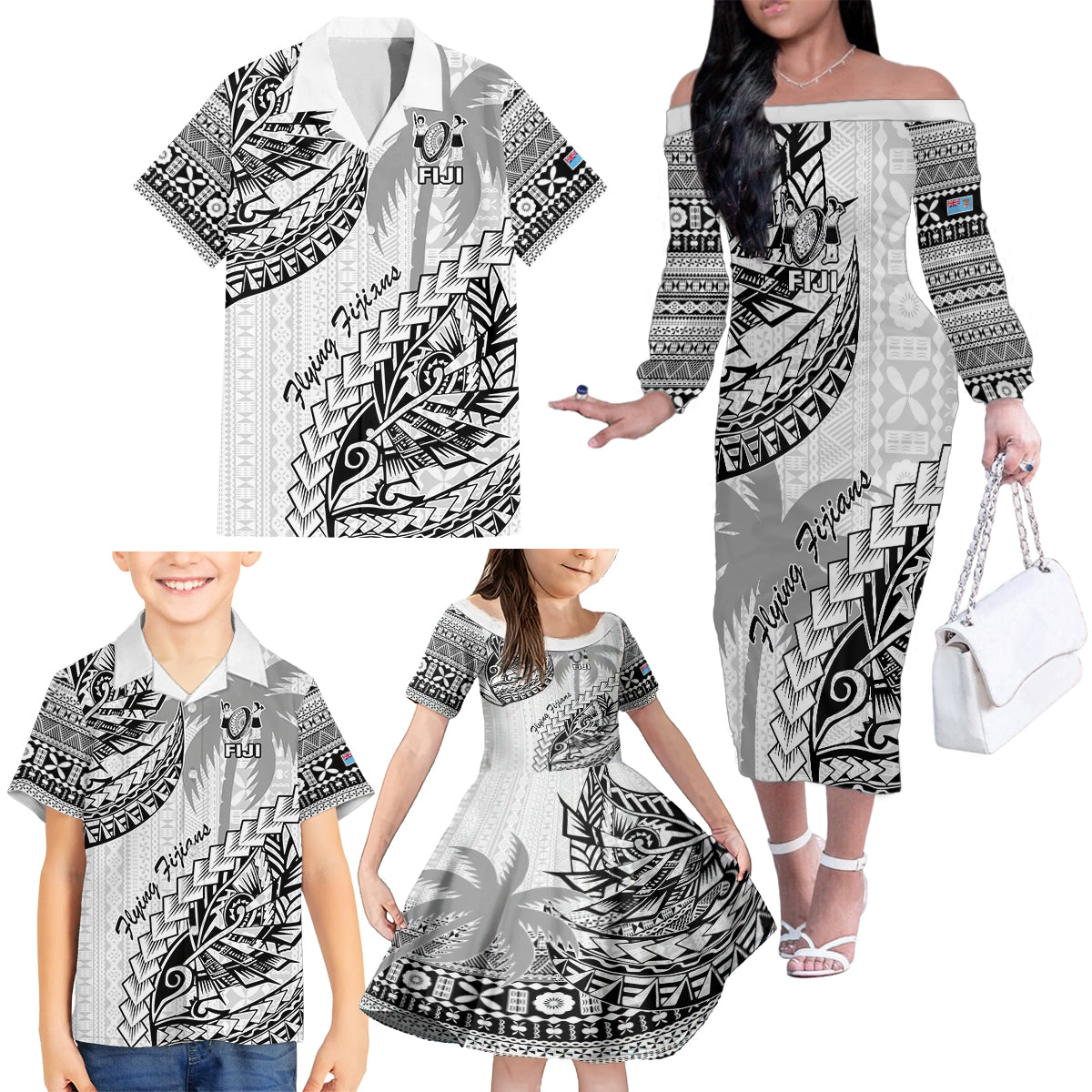 Custom Fiji Rugby Family Matching Off Shoulder Long Sleeve Dress and Hawaiian Shirt Kaiviti Fijian Tribal World Cup White - Wonder Print Shop