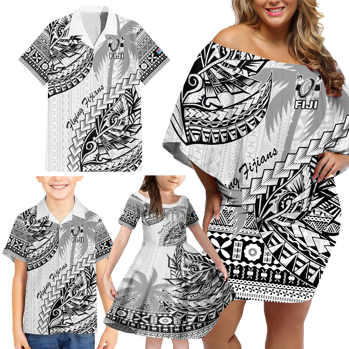 Custom Fiji Rugby Family Matching Off Shoulder Short Dress and Hawaiian Shirt Kaiviti Fijian Tribal World Cup White LT9 - Wonder Print Shop