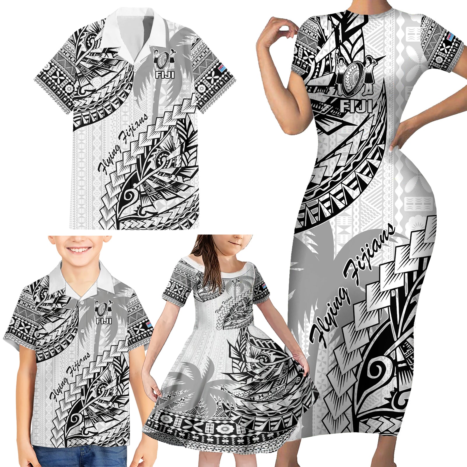 Custom Fiji Rugby Family Matching Short Sleeve Bodycon Dress and Hawaiian Shirt Kaiviti Fijian Tribal World Cup White - Wonder Print Shop