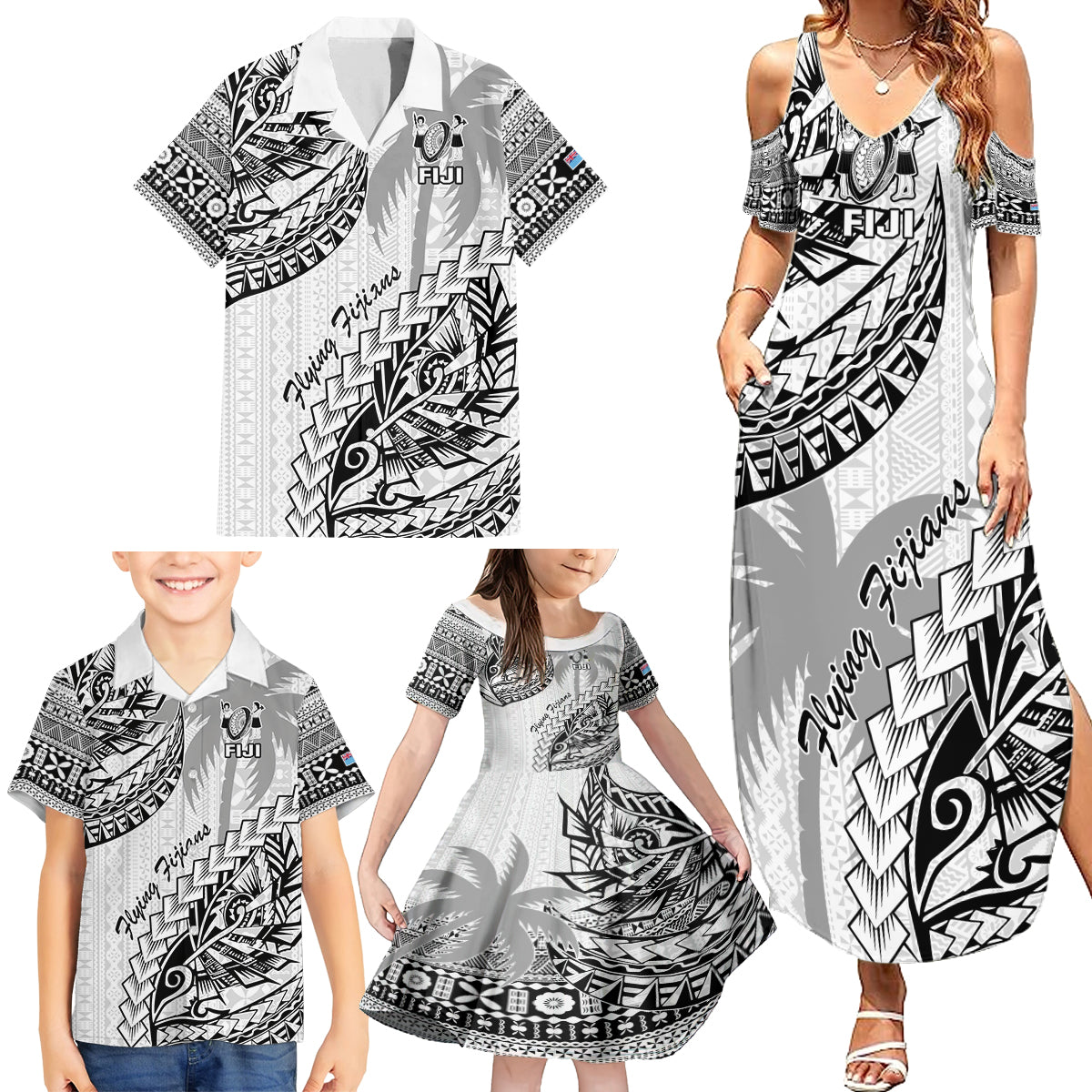 Custom Fiji Rugby Family Matching Summer Maxi Dress and Hawaiian Shirt Kaiviti Fijian Tribal World Cup White - Wonder Print Shop