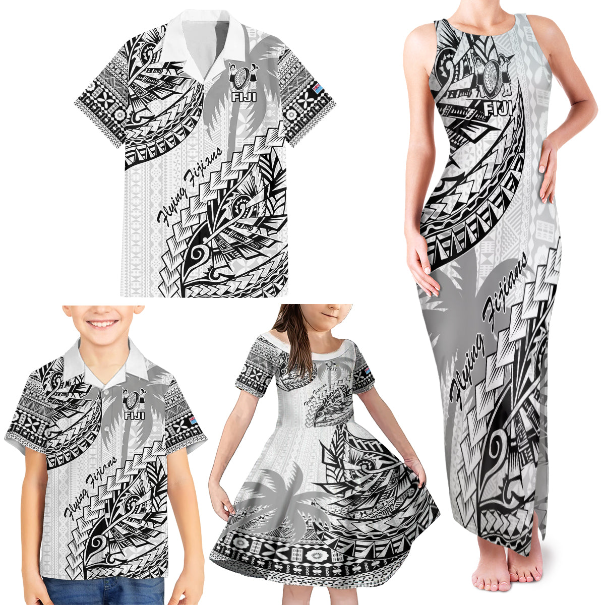 Custom Fiji Rugby Family Matching Tank Maxi Dress and Hawaiian Shirt Kaiviti Fijian Tribal World Cup White - Wonder Print Shop