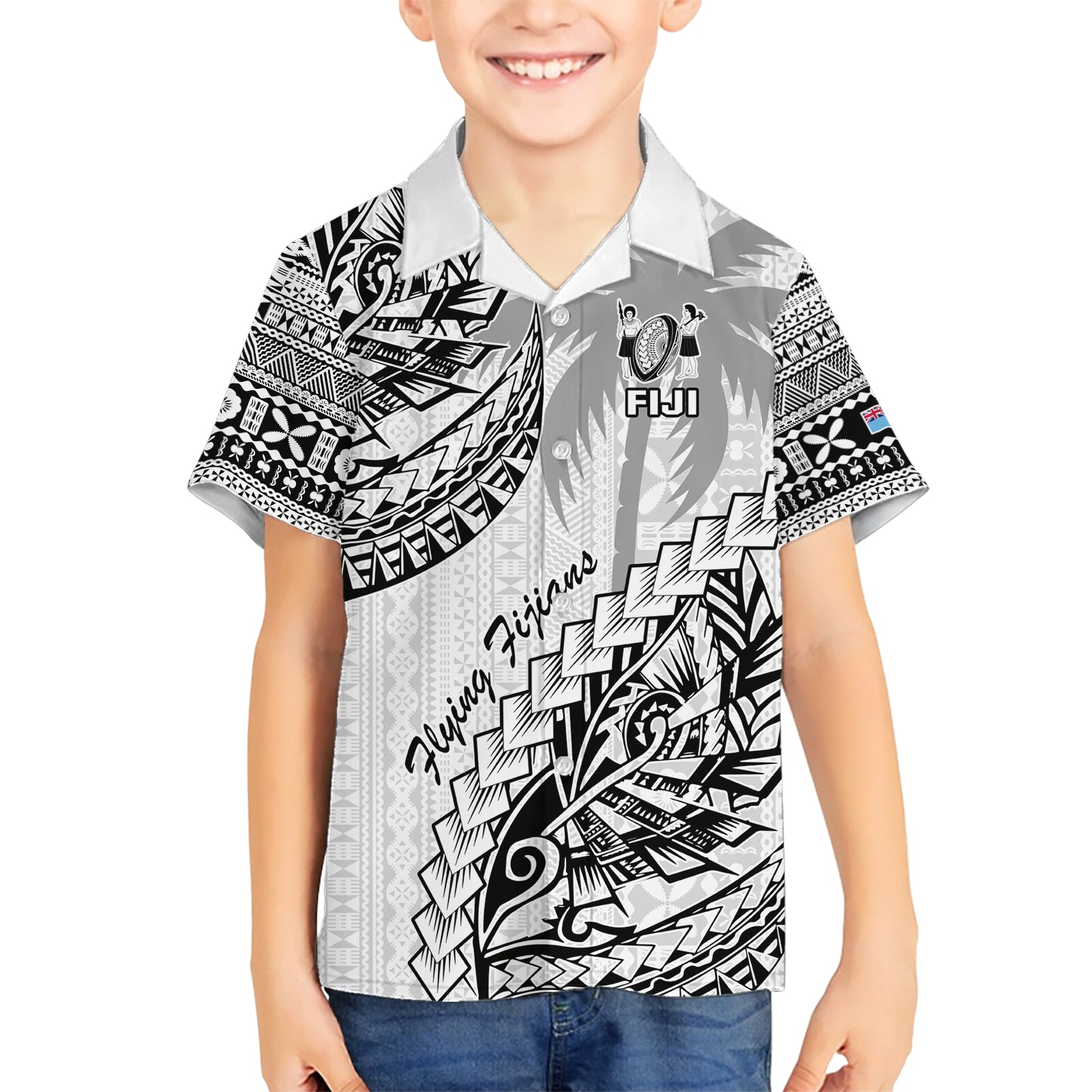 Custom Fiji Rugby Kid Hawaiian Shirt Kaiviti Fijian Tribal World Cup White - Wonder Print Shop