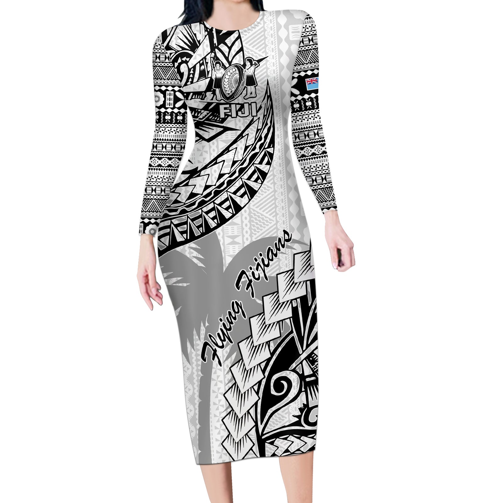 Custom Fiji Rugby Long Sleeve Bodycon Dress Kaiviti Fijian Tribal World Cup White - Wonder Print Shop